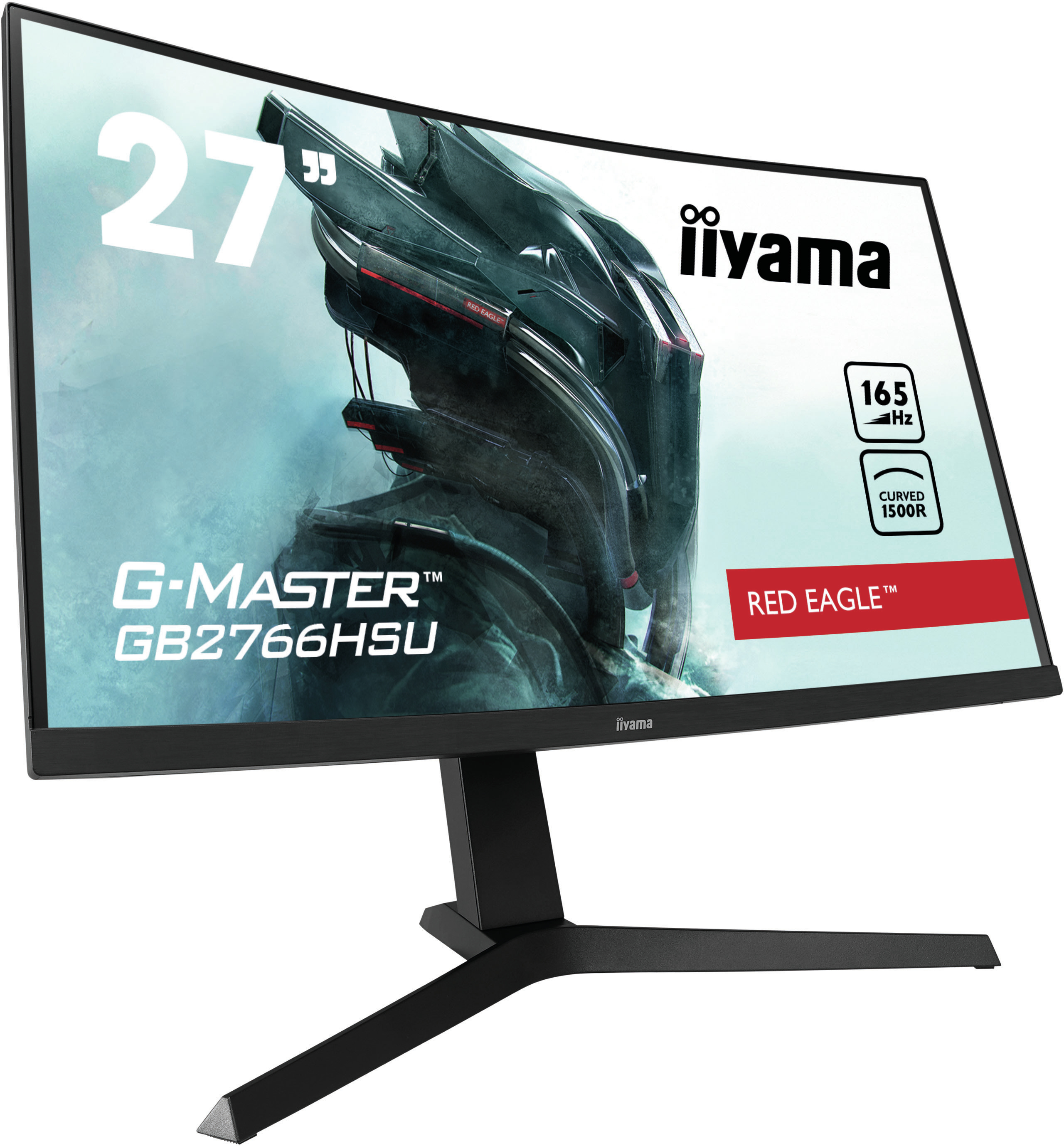 Moniteur de jeu incurvé avec un graphisme d'aigle rouge et un support noir.
