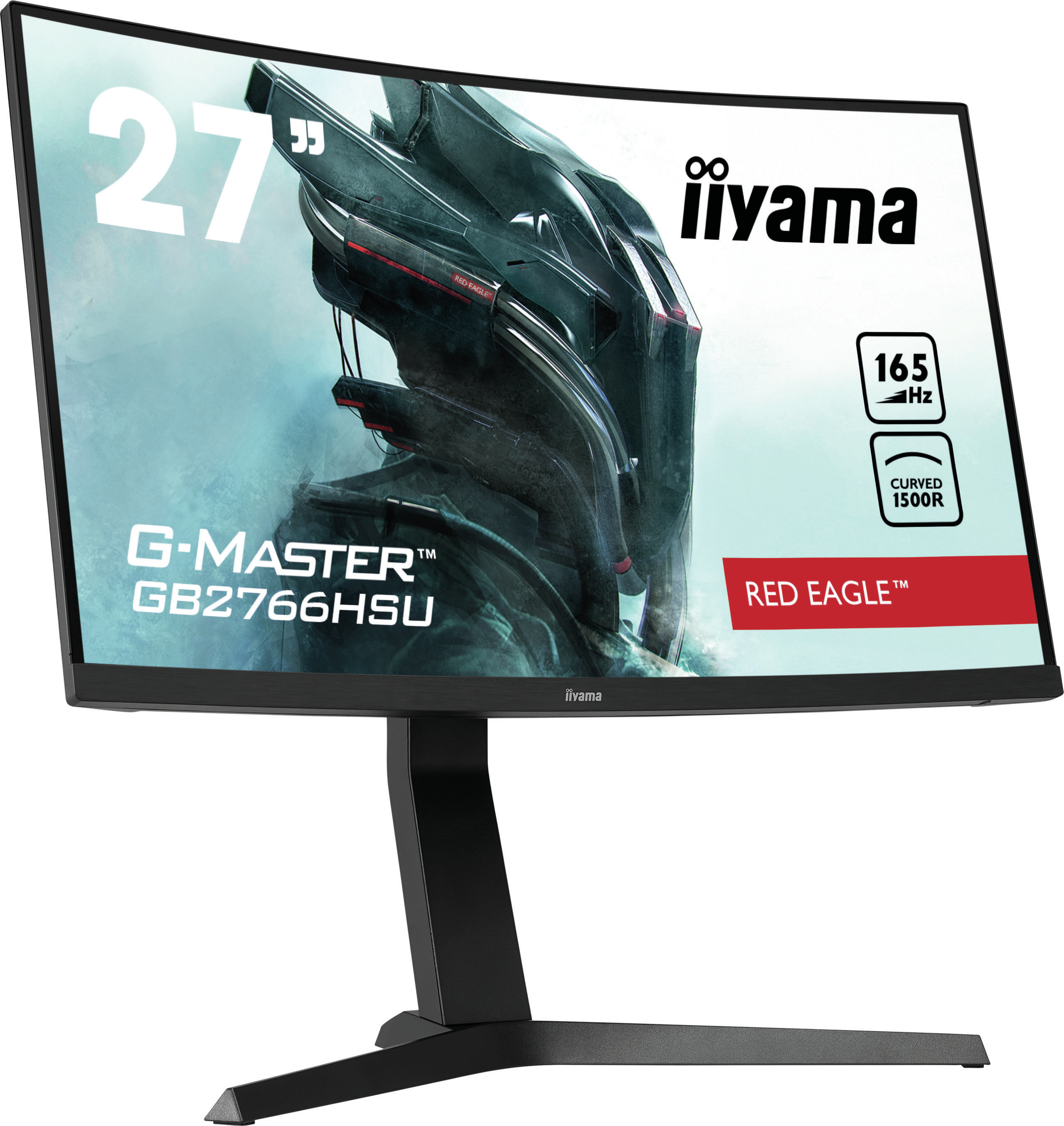 Moniteur de jeu incurvé Iiyama. Cadre et support noirs. Affiche une scène de jeu.