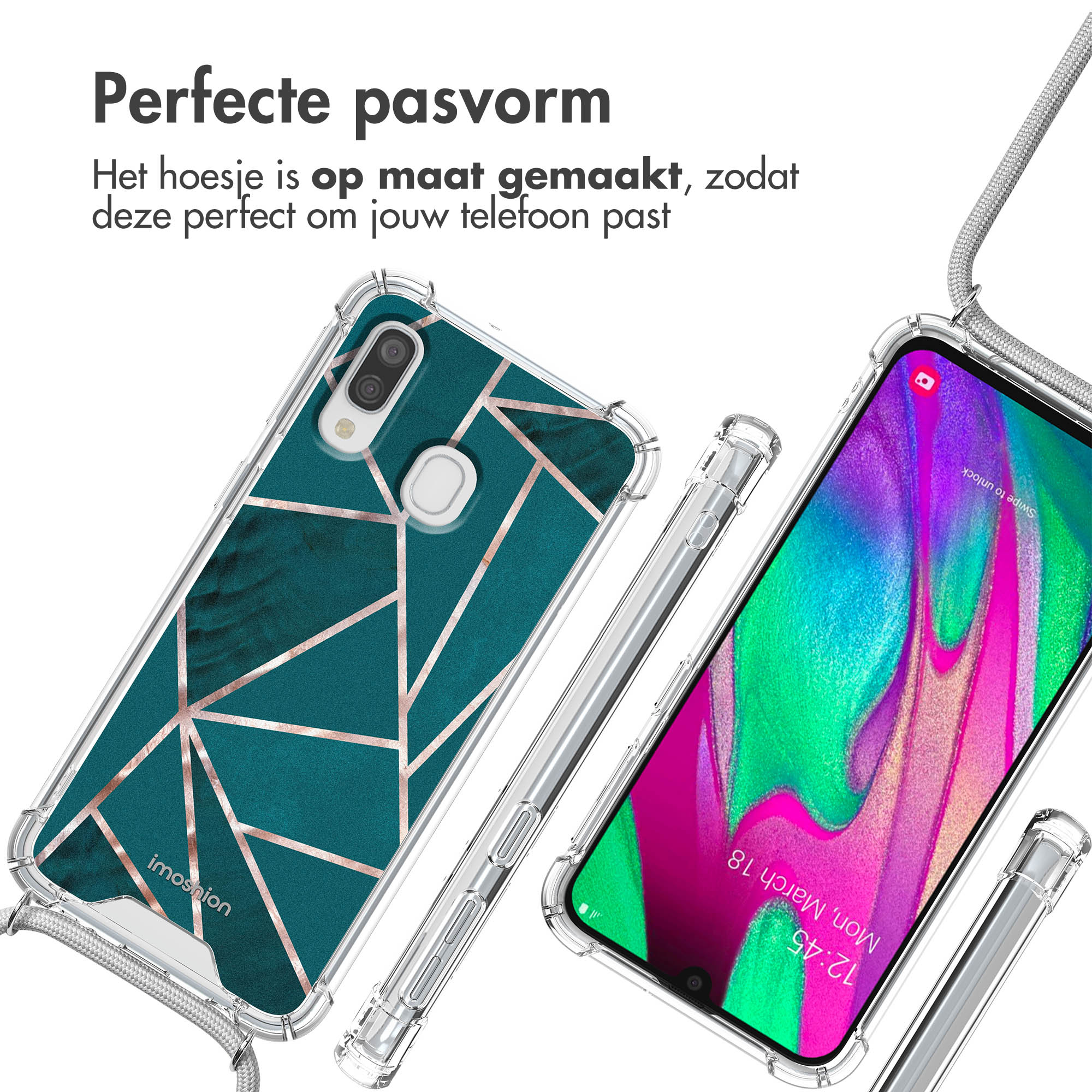 Clear phone case with green marble pattern and gold lines.