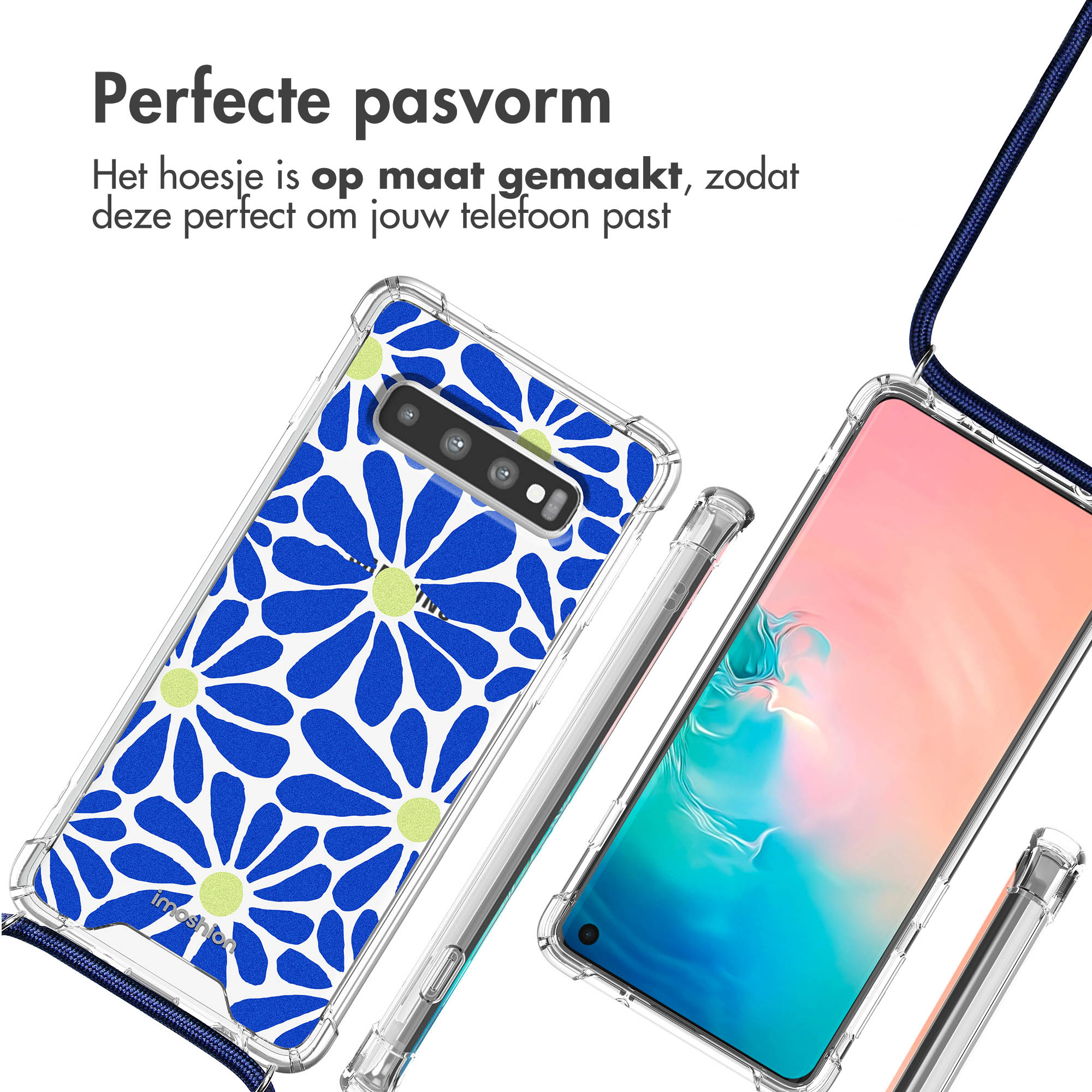 Coque transparente à motif floral bleu, à côté d'un smartphone.