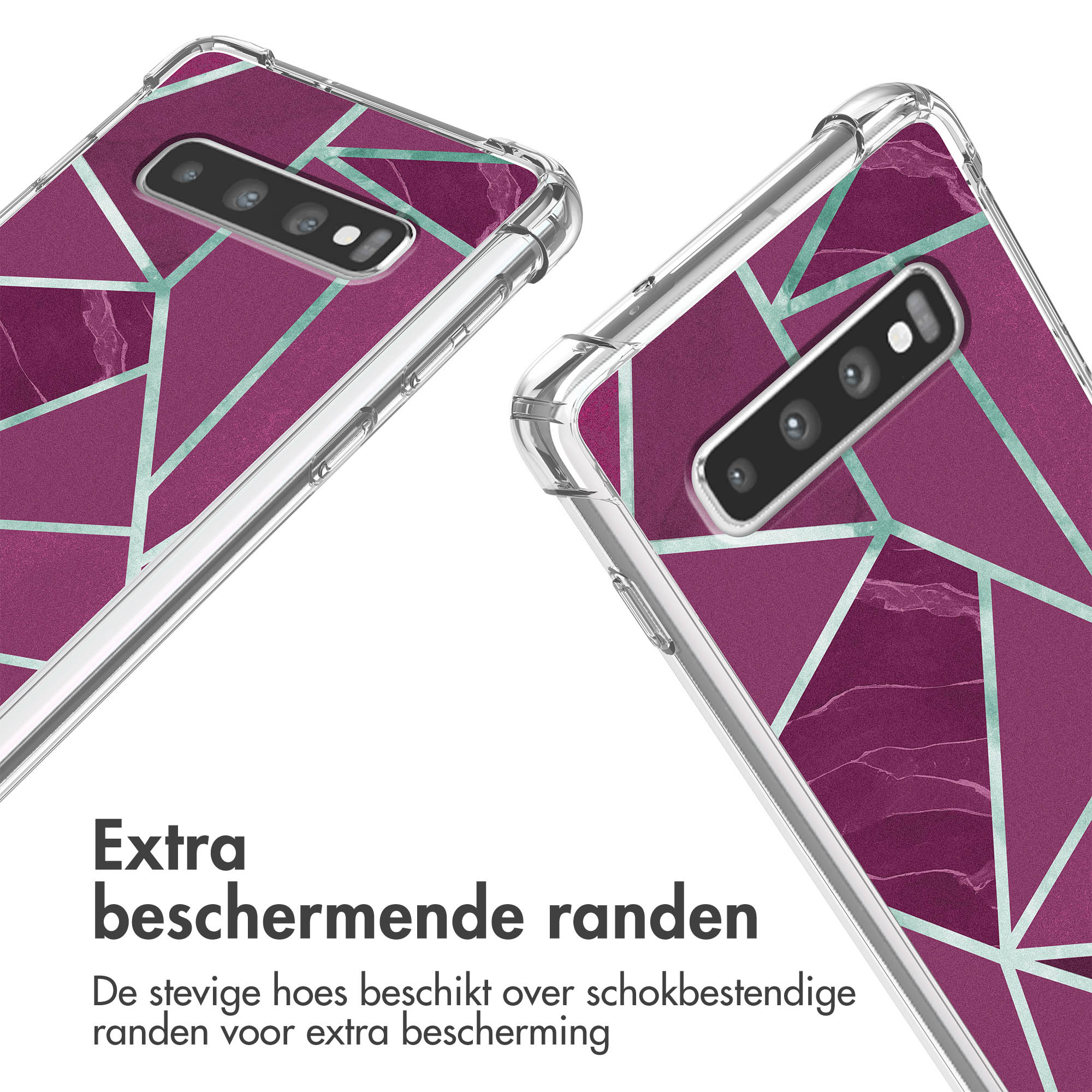 Coque de téléphone violette à motif géométrique et découpe caméra.