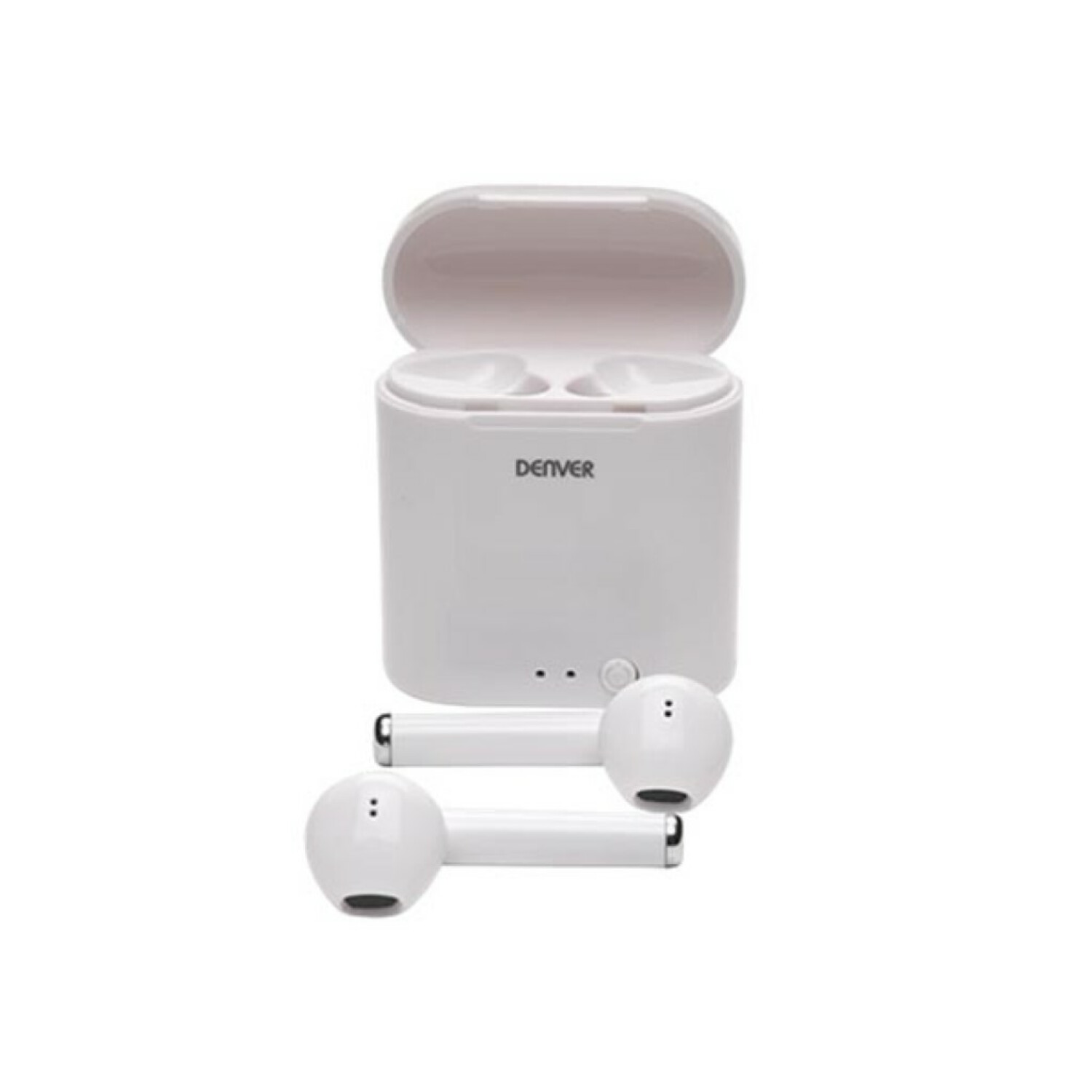 Auricolari Denver bianchi in una custodia di ricarica, con due auricolari fuori.