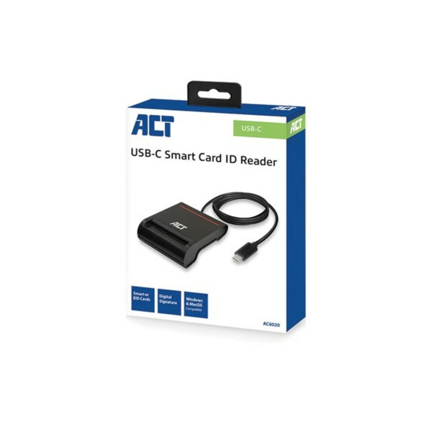 Lettore di smart card USB-C nero in scatola. Contiene lettore, cavo e logo ACT.