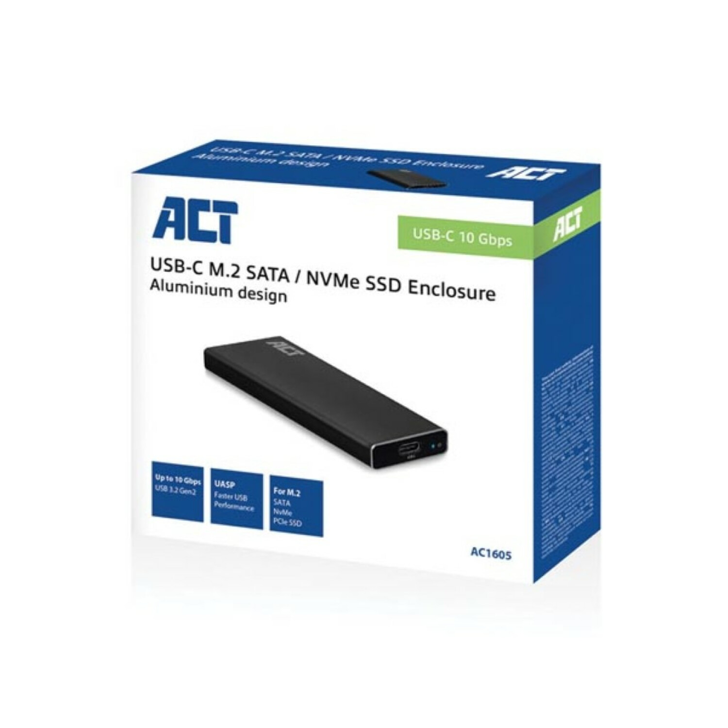 Box mit der Aufschrift 'ACT', enthaltend ein schwarzes USB-C M.2 SATA/NVMe SSD Gehäuse.