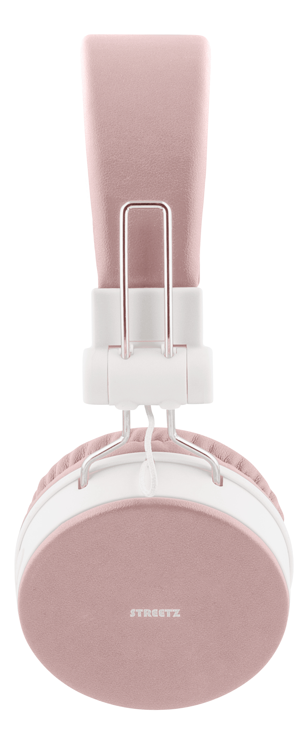 Cuffie rosa e bianche di STREETZ, con struttura in metallo, su sfondo bianco.