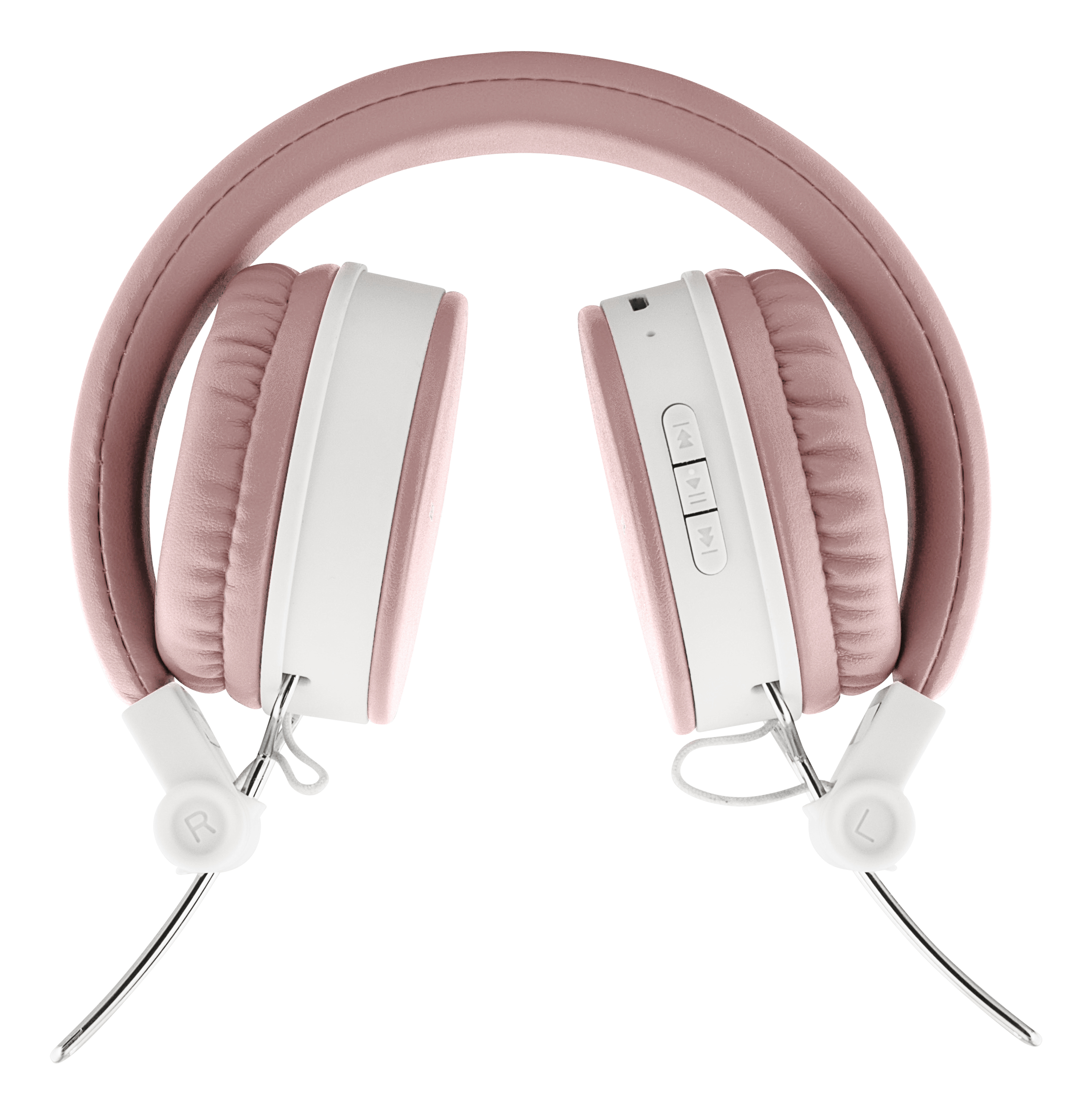 Cuffie over-ear, padiglioni e fascia rosa, dettagli bianchi, su superficie bianca.