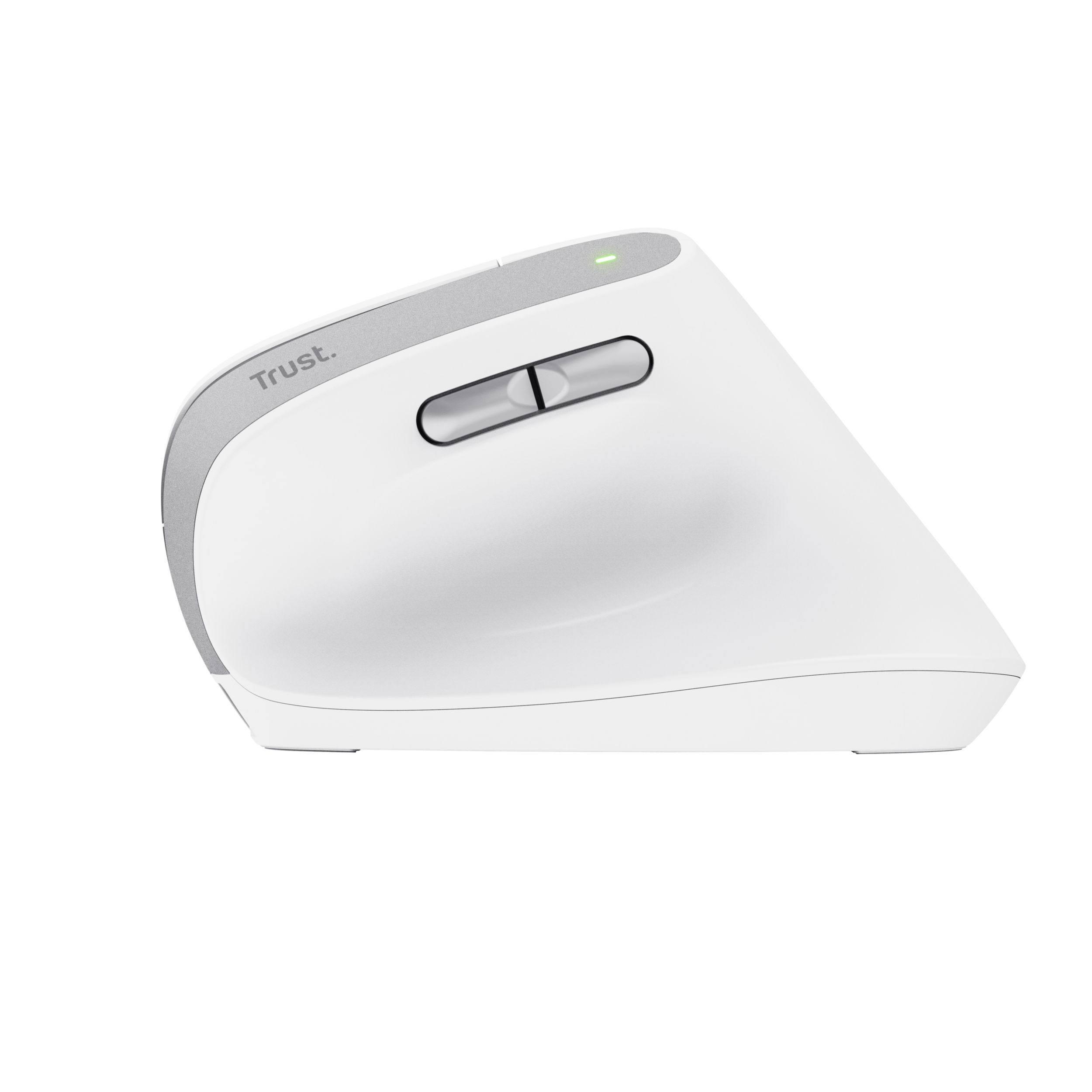 Eine weiße und silberne ergonomische Maus mit zwei Tasten und einem Scrollrad.
