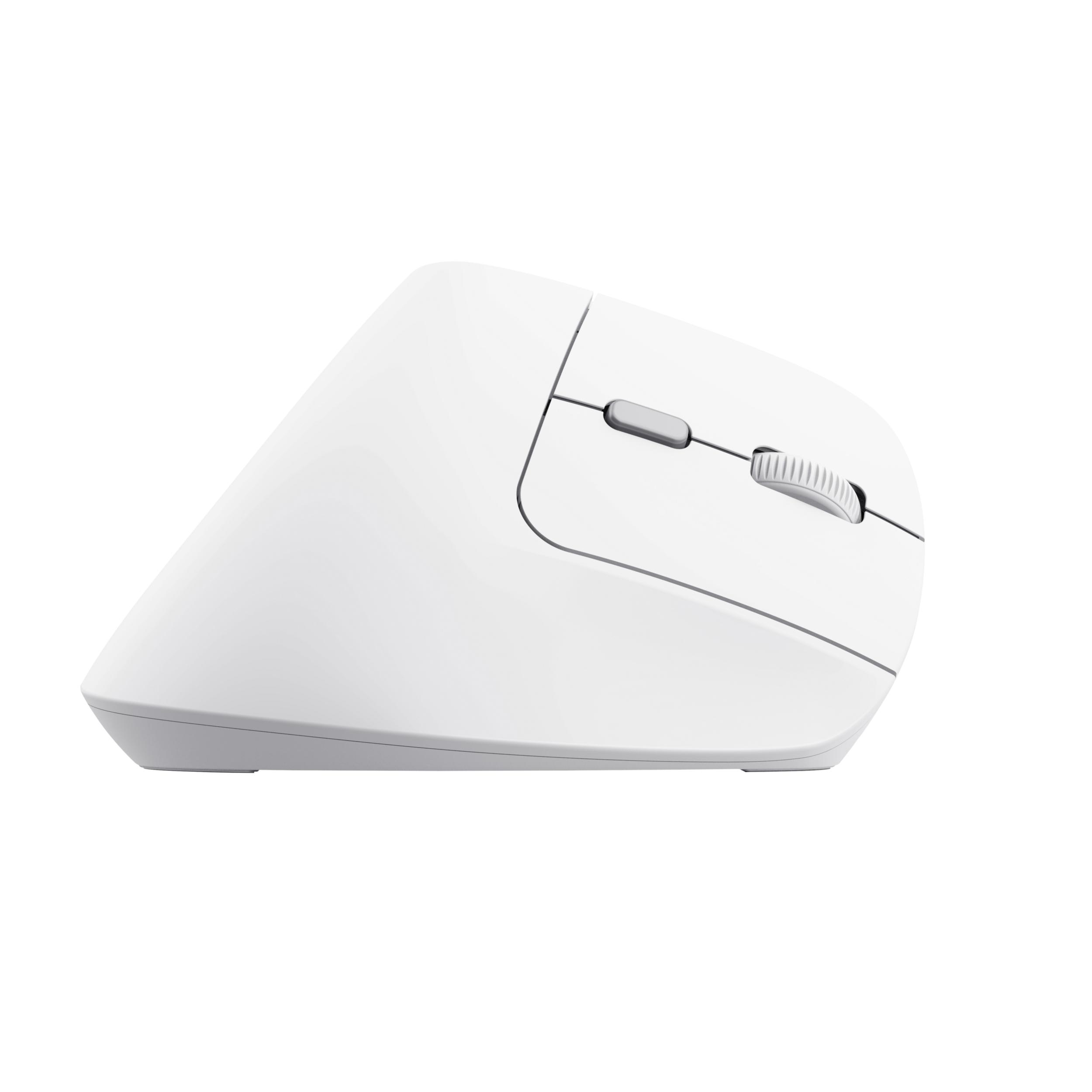 Weiße ergonomische Maus, Seitenansicht, mit schwarzem Hintergrund.