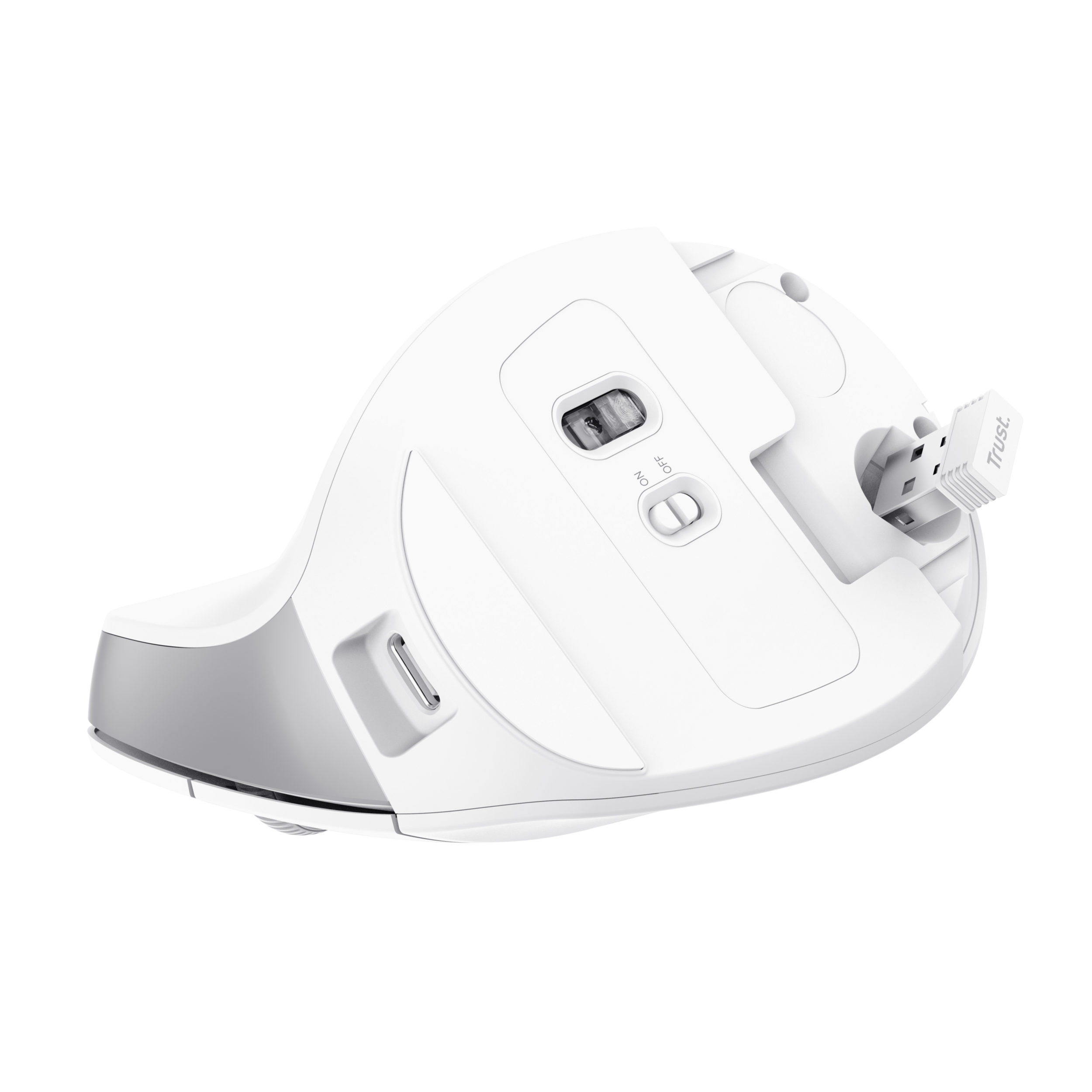 Ergonomische Maus in Weiß und Grau mit USB-Empfänger, liegt auf schwarzem Untergrund.
