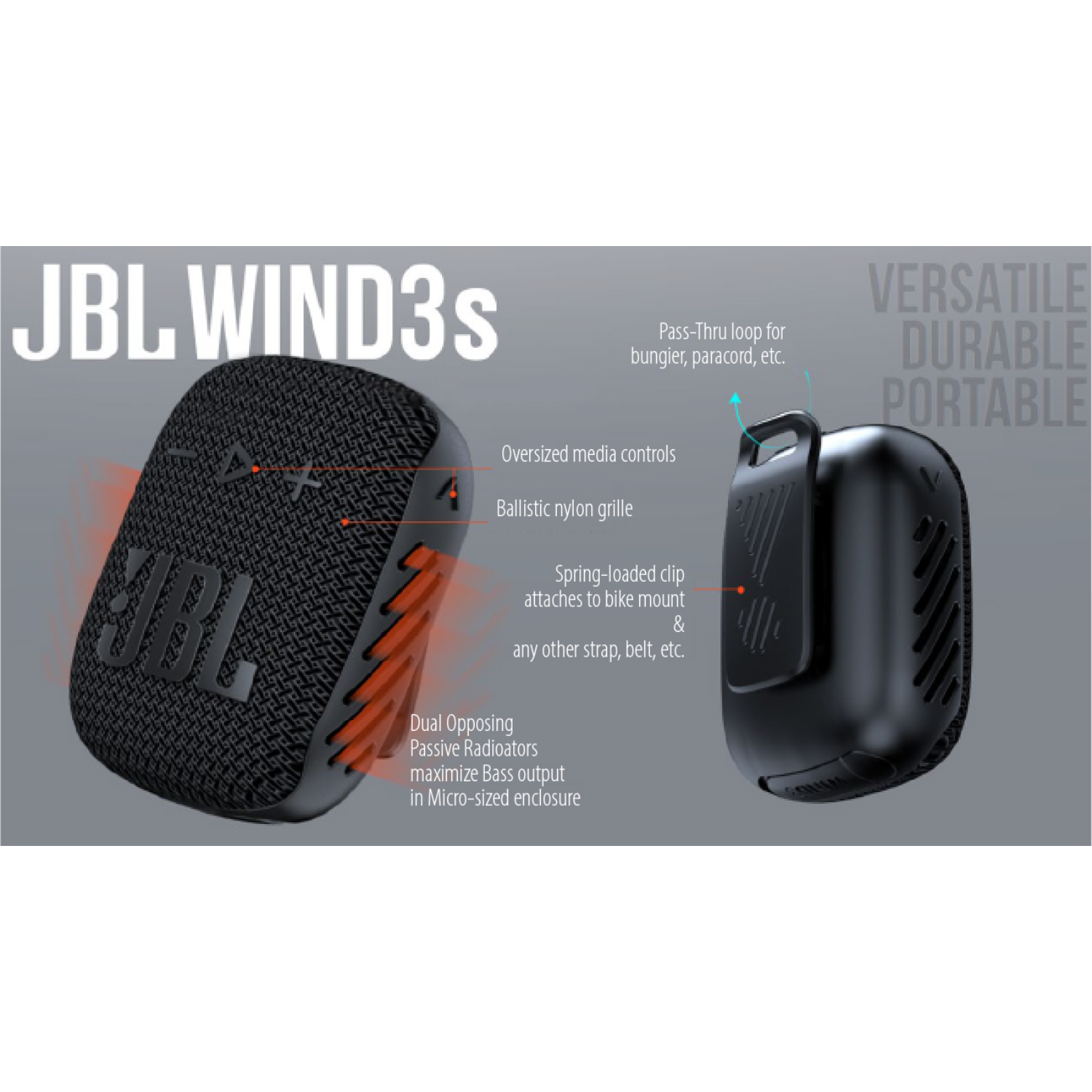 JBL WIND3s Lautsprecher mit Text und Funktionen, einschließlich schwarzem Grill und Clip zur Befestigung.