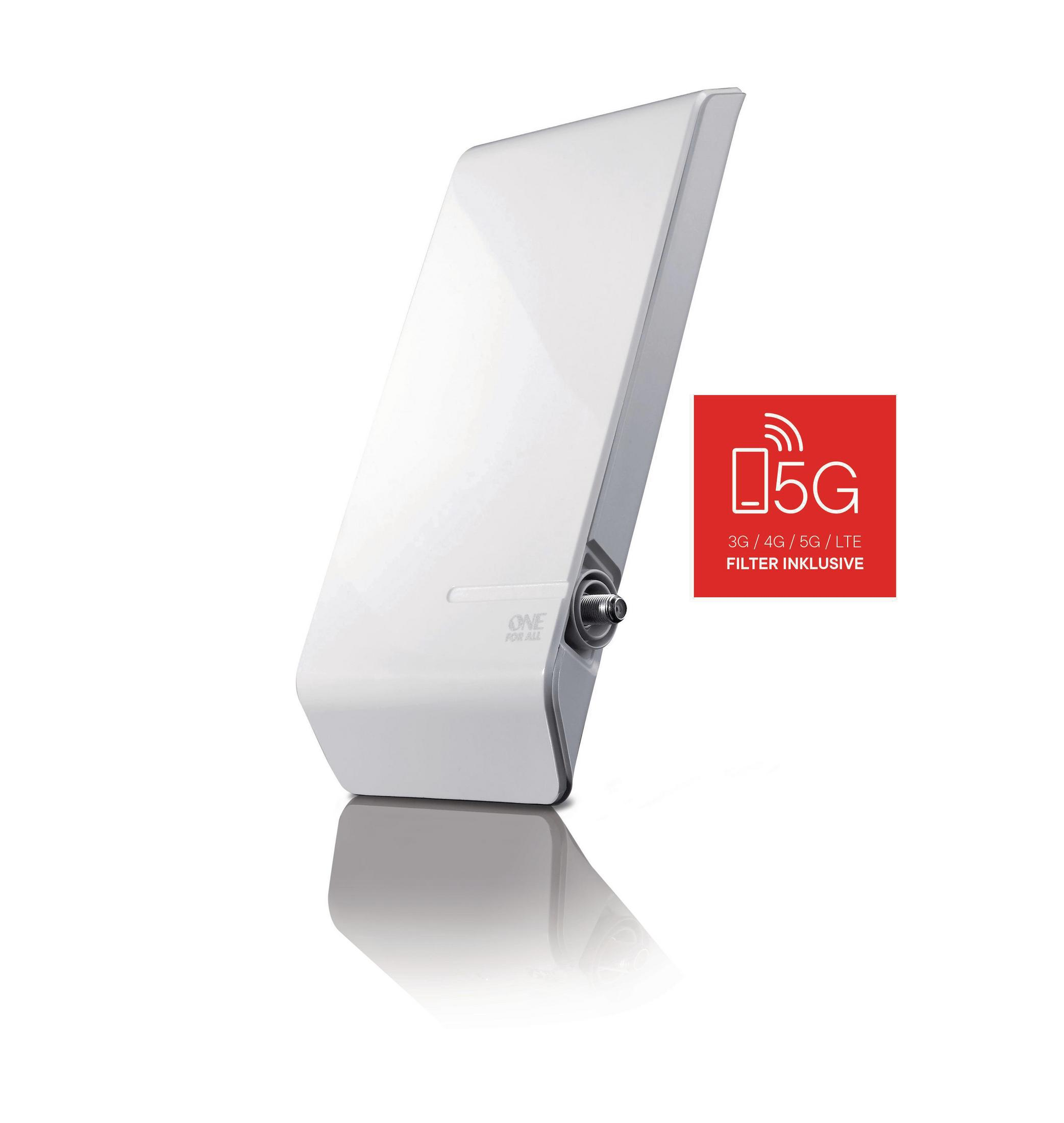 Antena blanca y gris con un logotipo 5G rojo. La antena tiene un diseño rectangular.