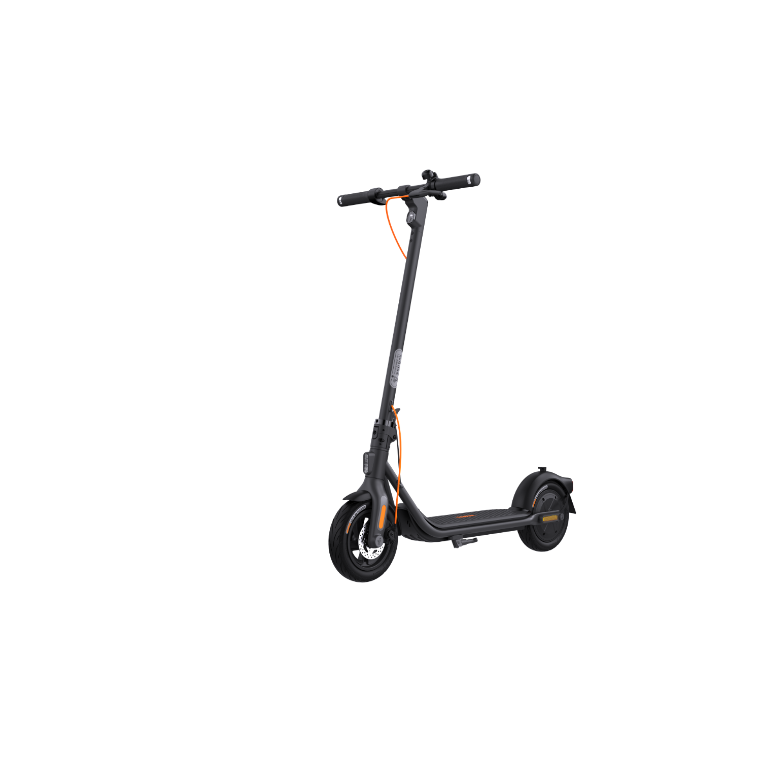 Scooter elettrico nero con dettagli arancioni, visto lateralmente. Ha una pedana e un manubrio neri.