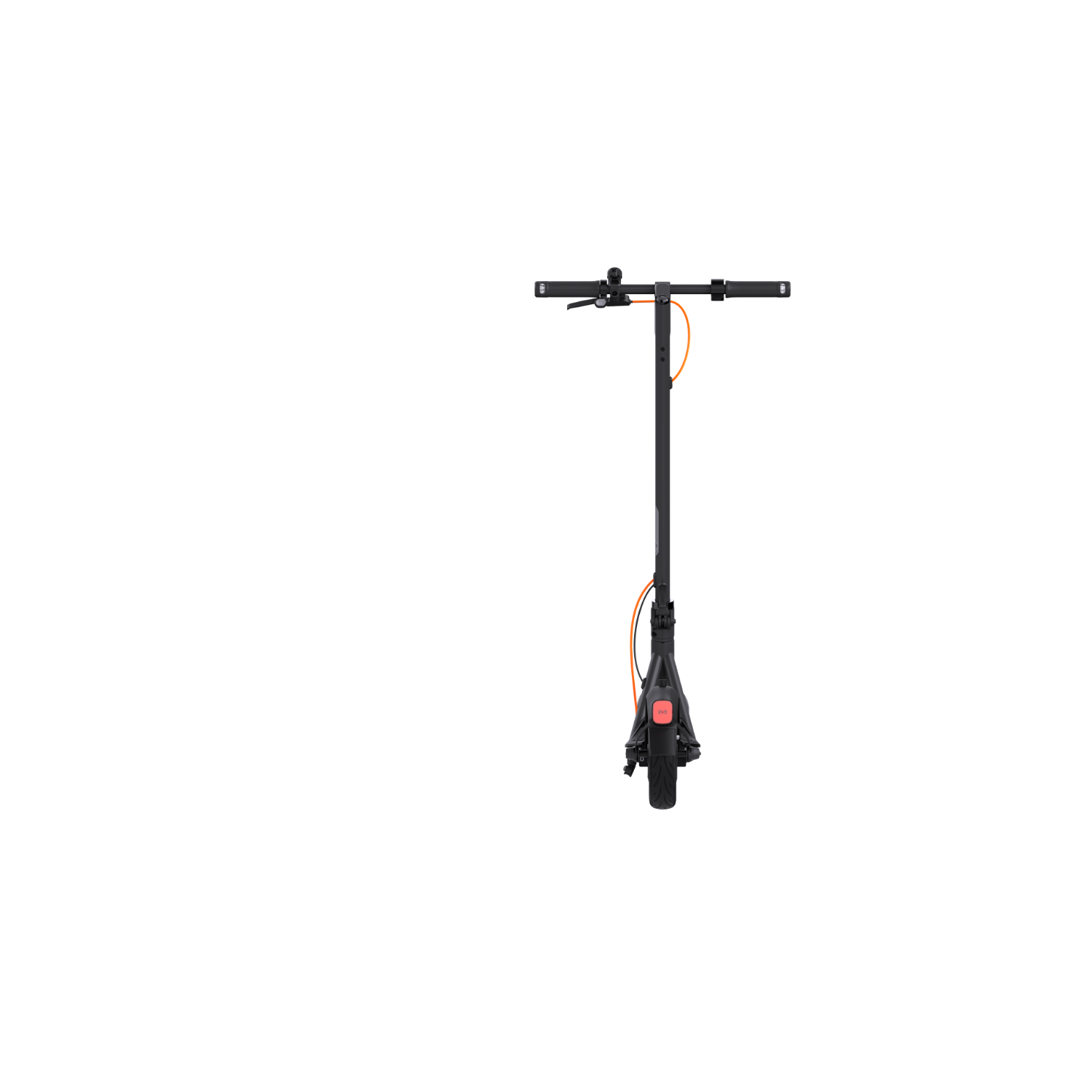 Scooter elettrico nero. Cavo arancione e luce rossa visibili. Sfondo nero.