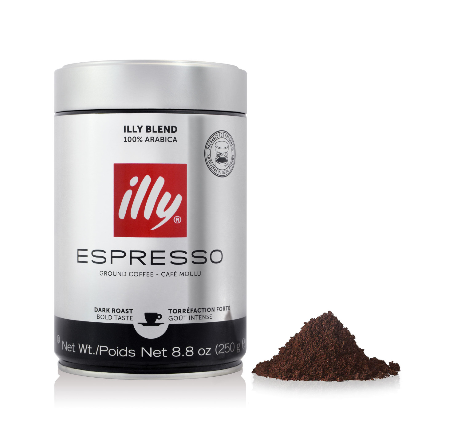 Illy Espresso-Kaffeedose und Kaffeepulver. Dunkle Röstung, kräftiger Geschmack.