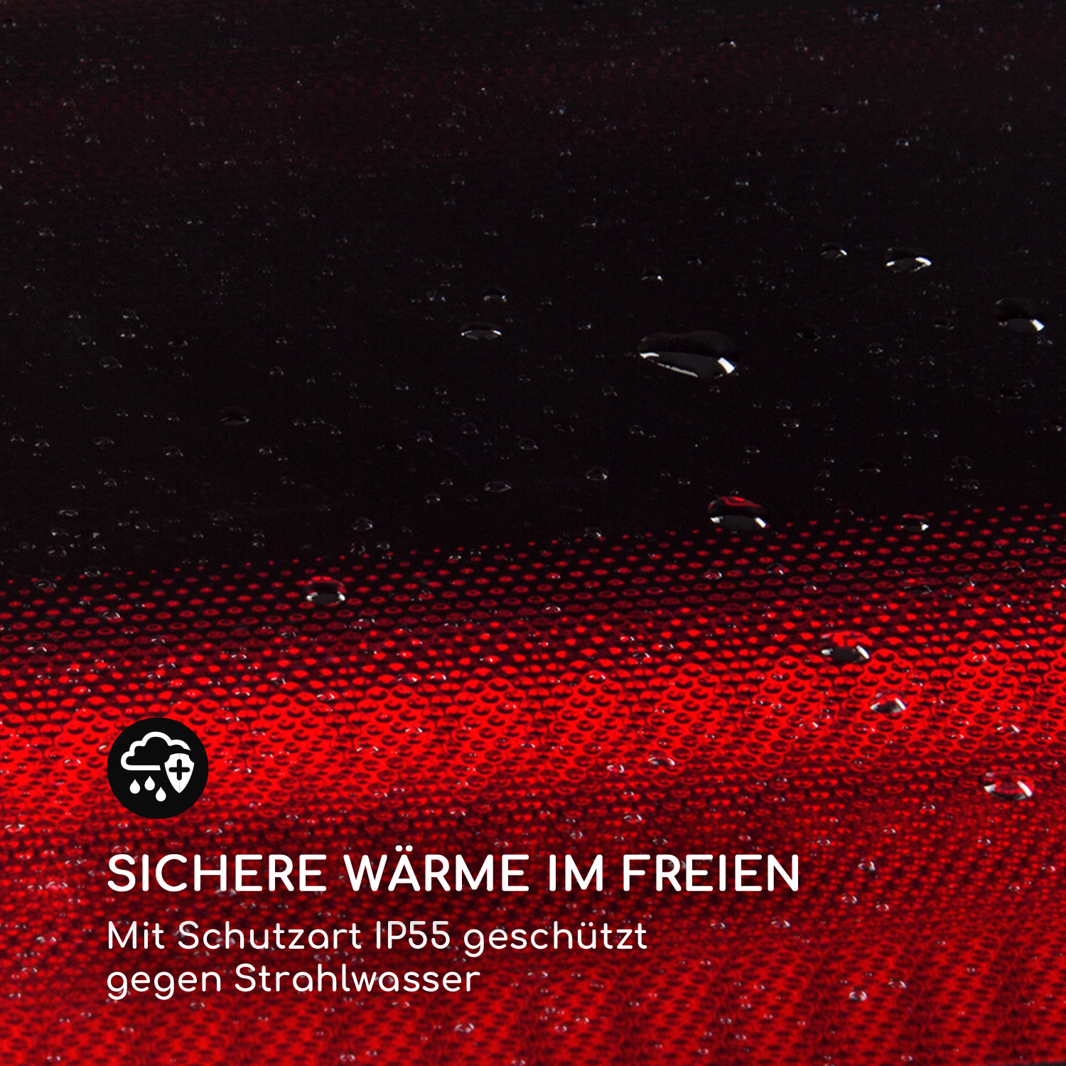 Nahaufnahme einer rot-schwarzen Oberfläche mit Regentropfen. Text-Overlay auf Deutsch.