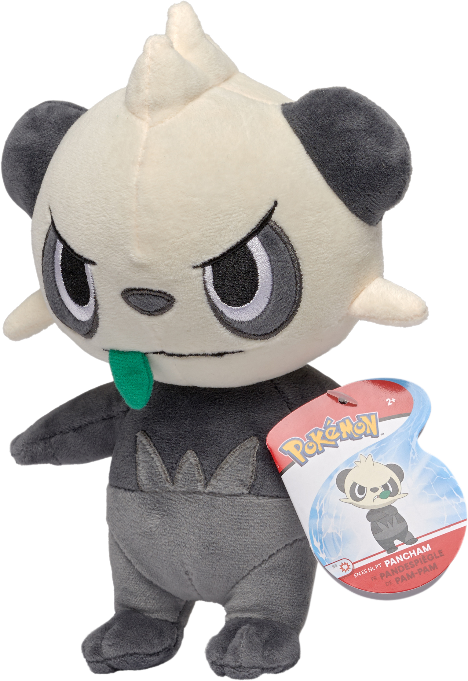 Ein Pancham-Plüschtier von Pokémon. Es ist grau, schwarz und weiß mit einer grünen Zunge.