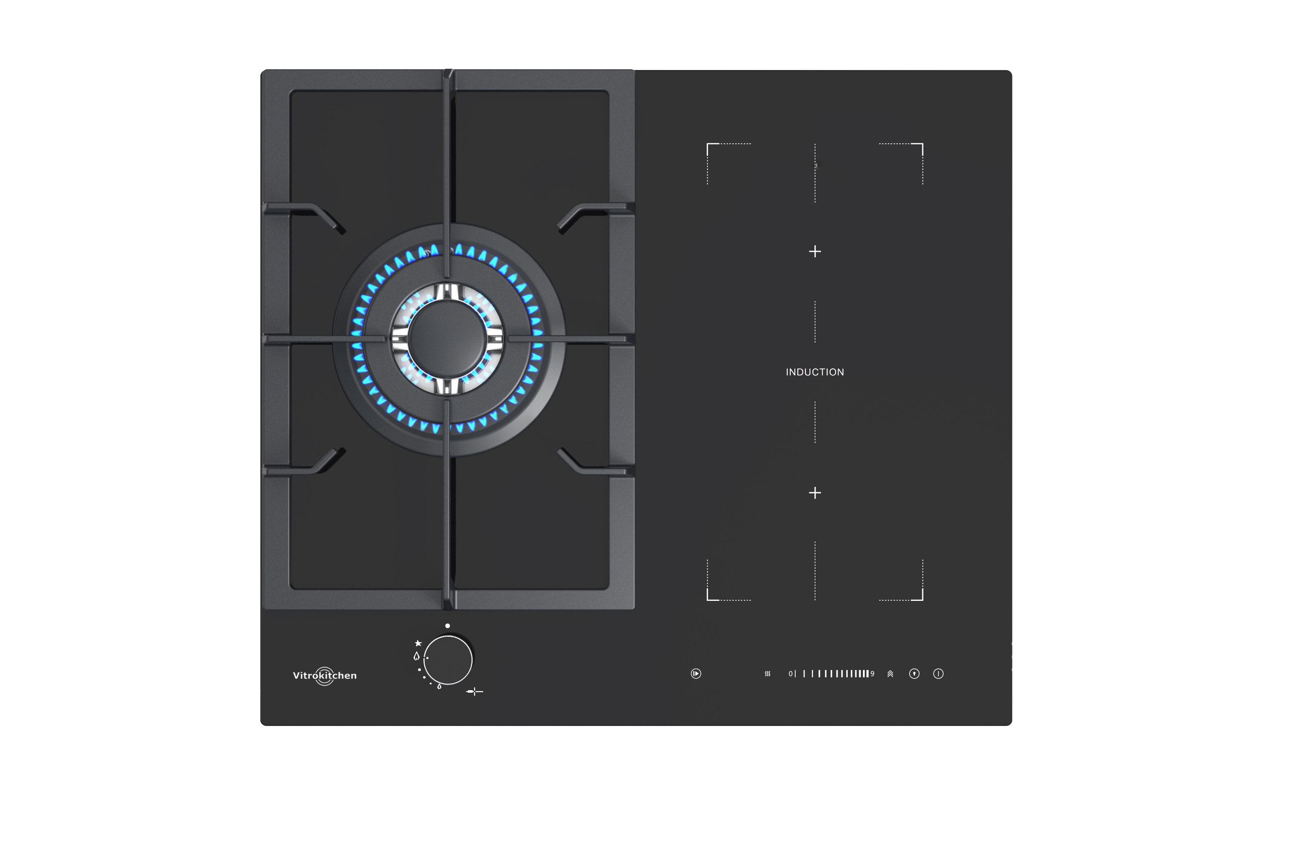 Una placa de cocina negra sobre una encimera blanca. Tiene un quemador de gas y una zona de inducción.