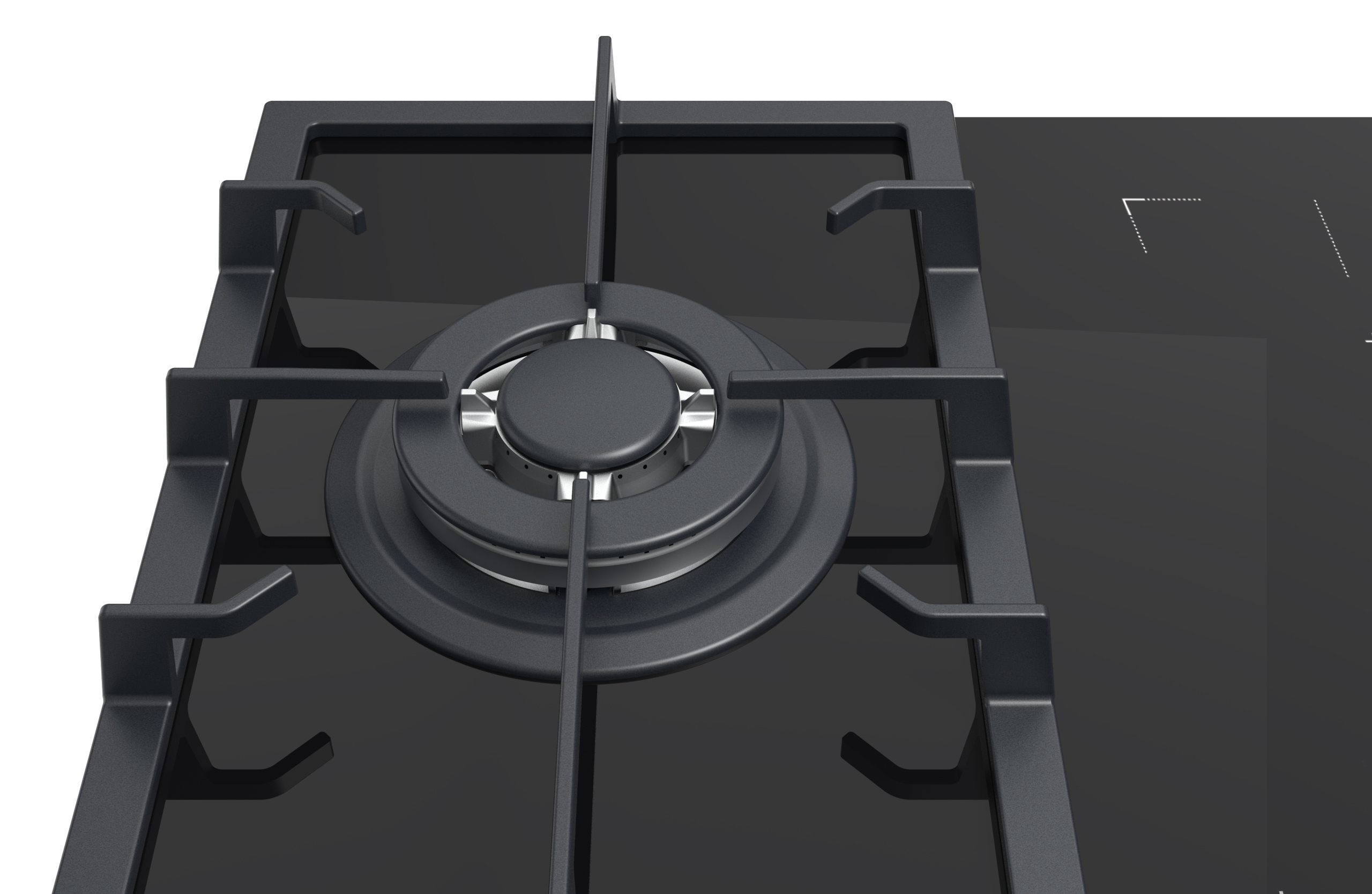 Primer plano de un quemador de estufa de gas negro con superficie negra. El diseño es moderno.