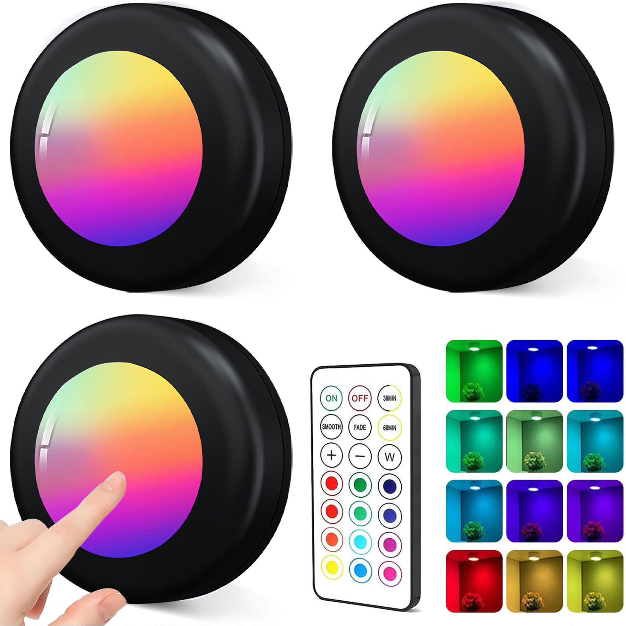 Set aus vier schwarzen LED-Leuchten mit Farboptionen und Fernbedienung.