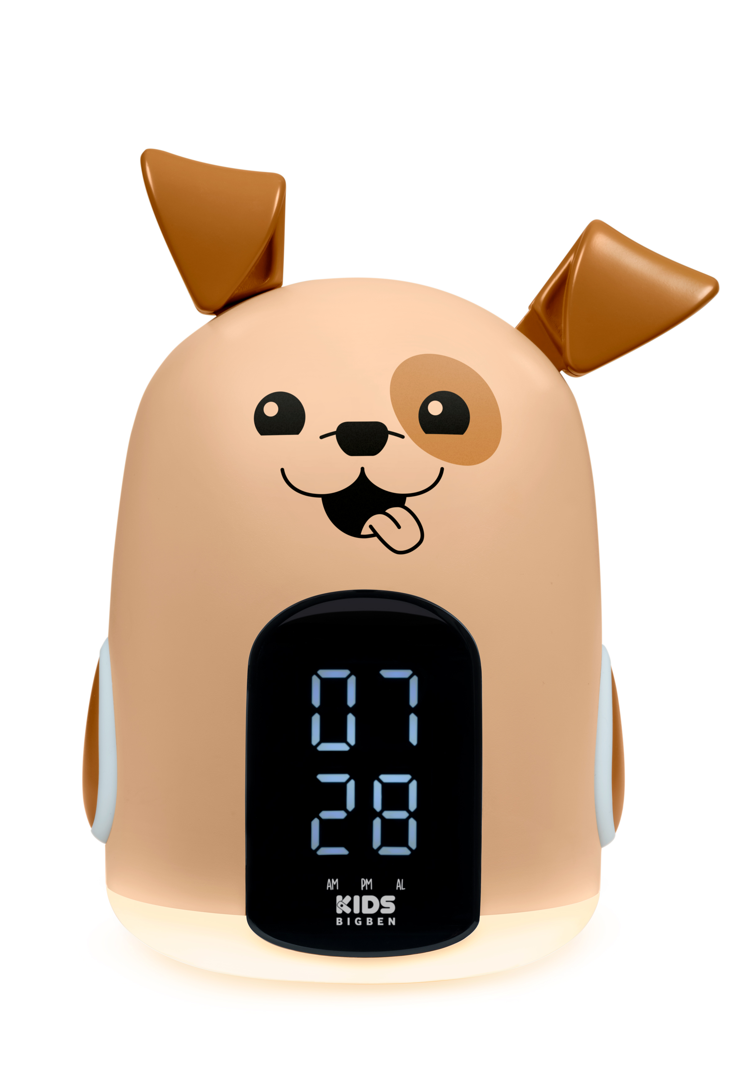 Un despertador con forma de perro con una pantalla digital que muestra la hora.