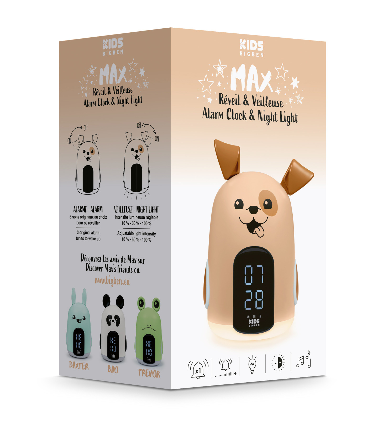 Una caja de reloj despertador y luz nocturna para niños con diseño de perro.