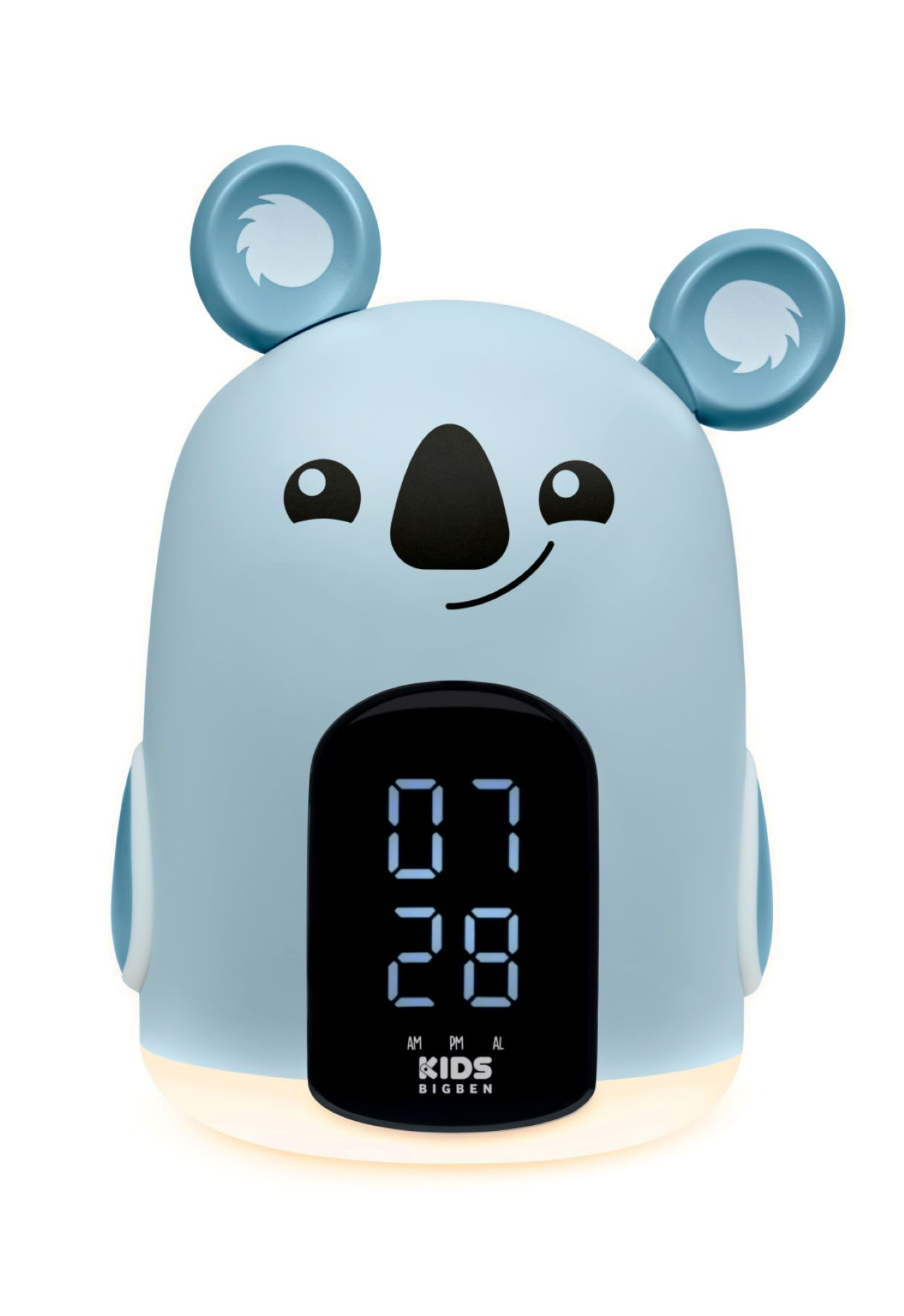 Ein blaues, koala-förmiges Wecker mit digitaler Anzeige der Uhrzeit. Zwei Ohren sind sichtbar.