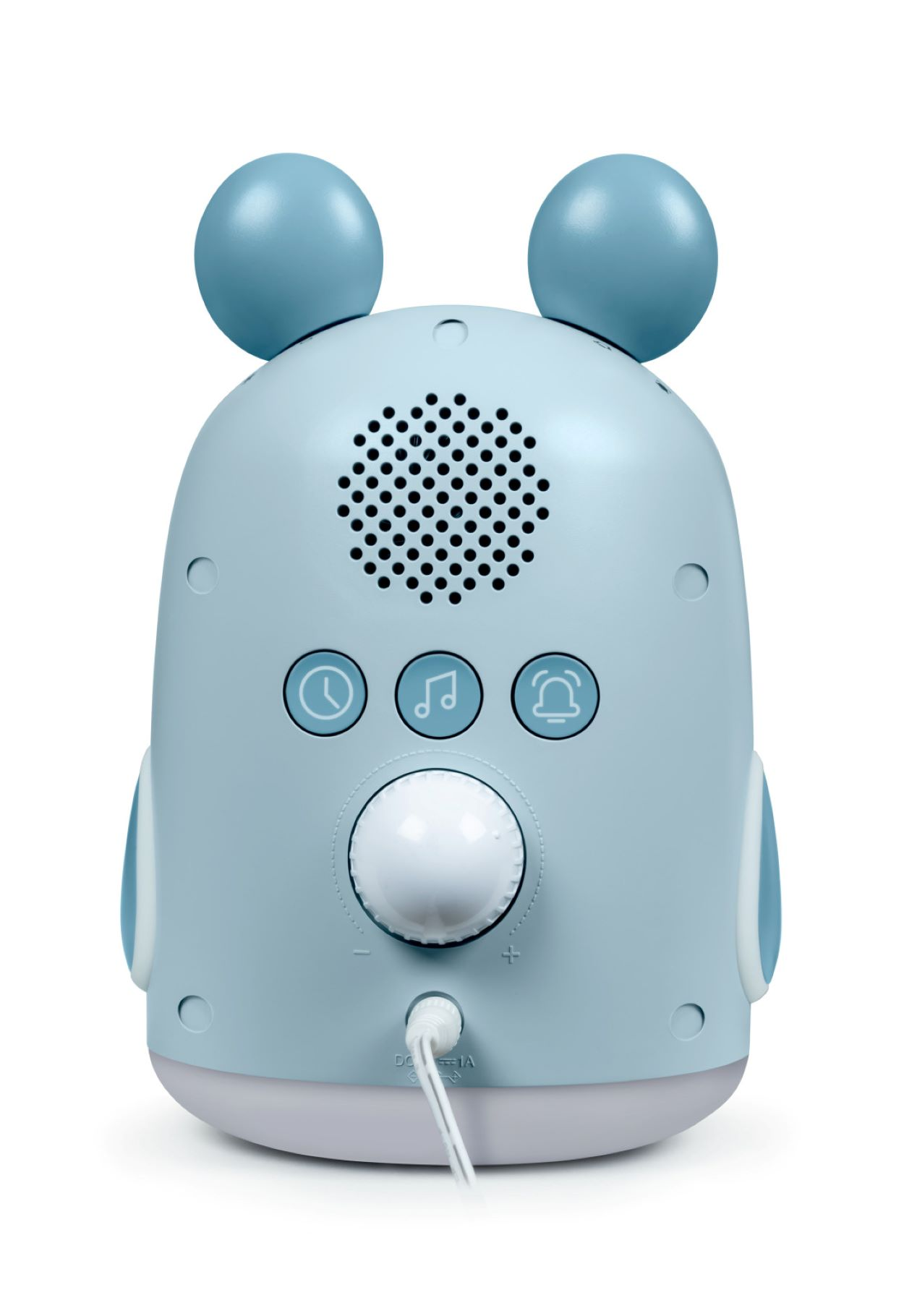 Ein Babyphone mit zwei blauen Ohren, Knöpfen und einem Drehregler auf weißem Hintergrund.
