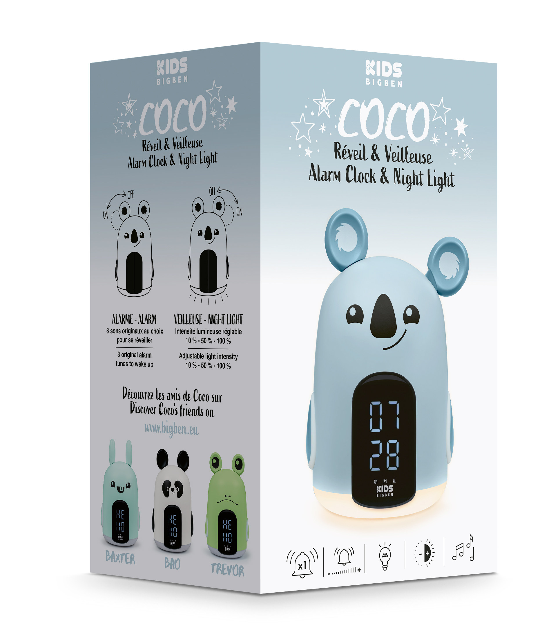 Ein hellblauer Koala-Wecker mit Digitalanzeige und einer Box mit anderen tierförmigen Uhren.
