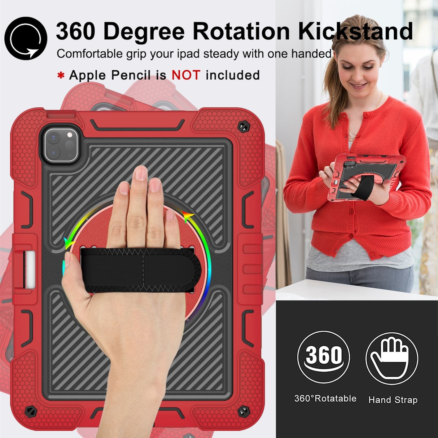 Rote Tablethülle mit einer Hand, die sie hält. Frau hält ein ähnliches Tablet. Text und Symbole.