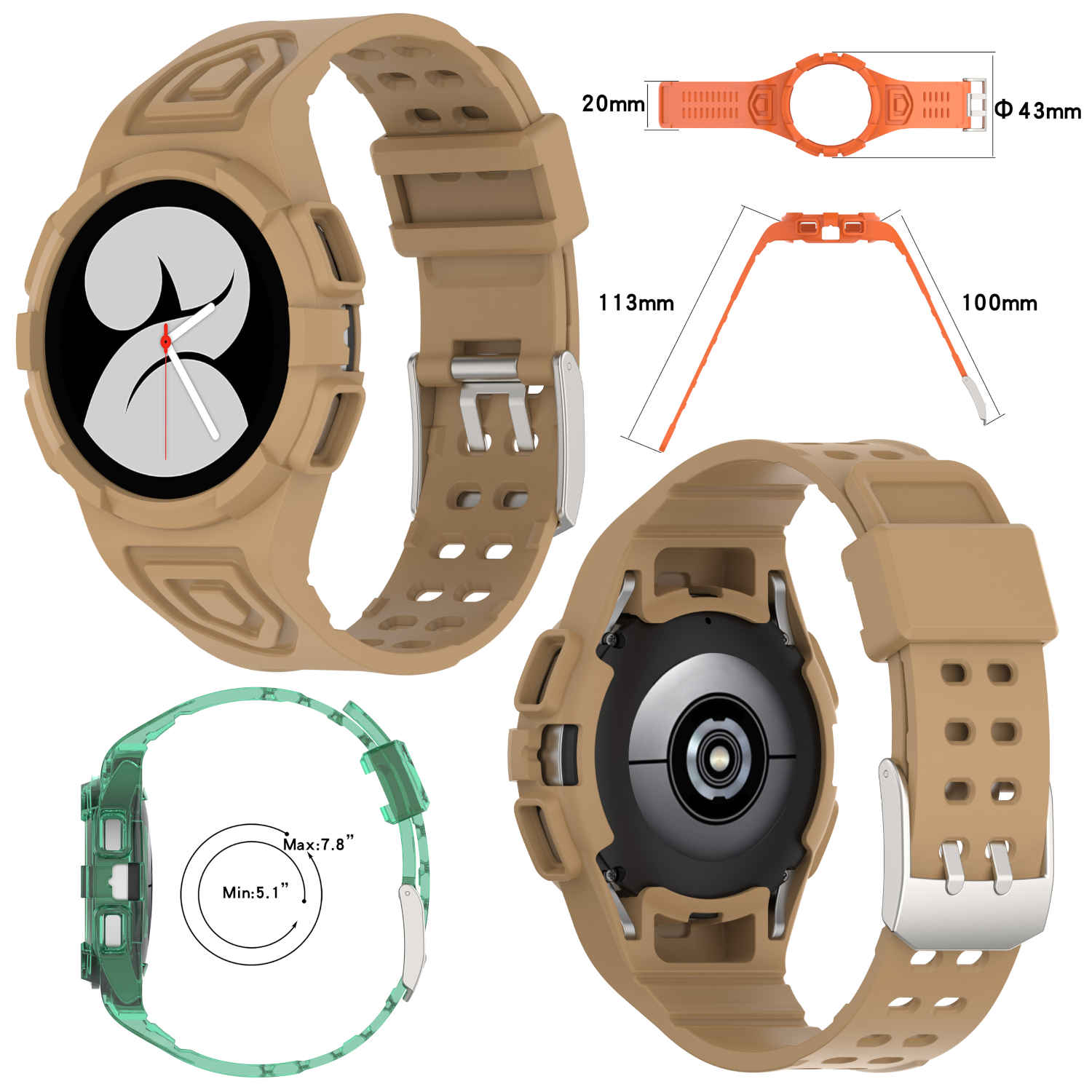 Uhr- und Armbandteile in Braun, mit Diagrammen, die Abmessungen zeigen.