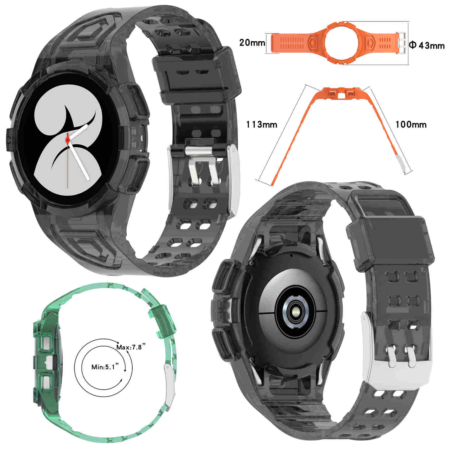 Uhrenarmbänder, einschließlich transparent und orange, und eine Uhr. Verschiedene Maße sind vorhanden.