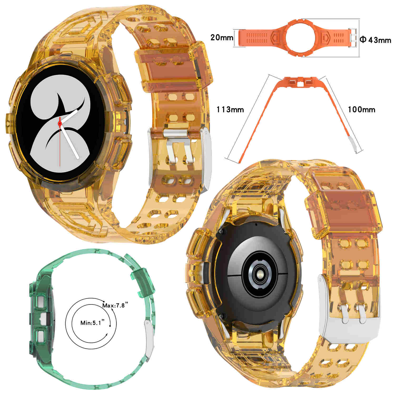Gelbe Uhr mit Armbanddetails. Abmessungen sind sichtbar. Oranges Armbanddetail wird ebenfalls gezeigt.