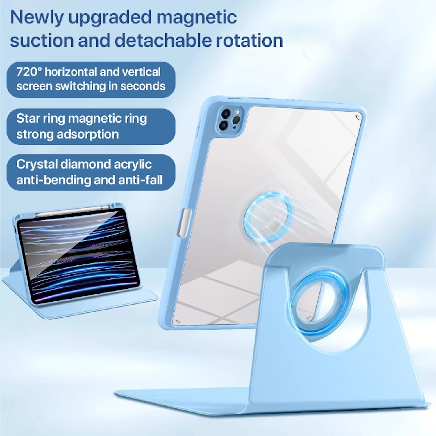 Una funda azul para tableta con una tableta y un soporte azul sobre un fondo blanco.