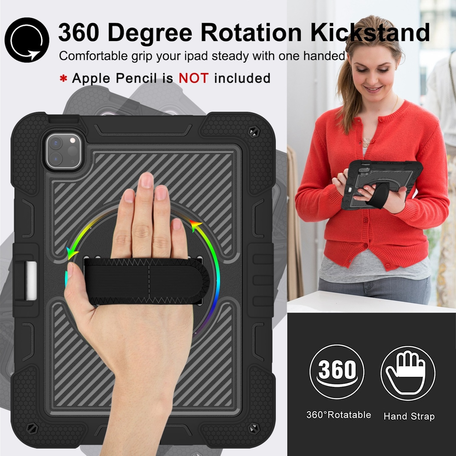 Eine Frau benutzt ein Tablet mit einer Schutzhülle, die eine Handschlaufe hat.