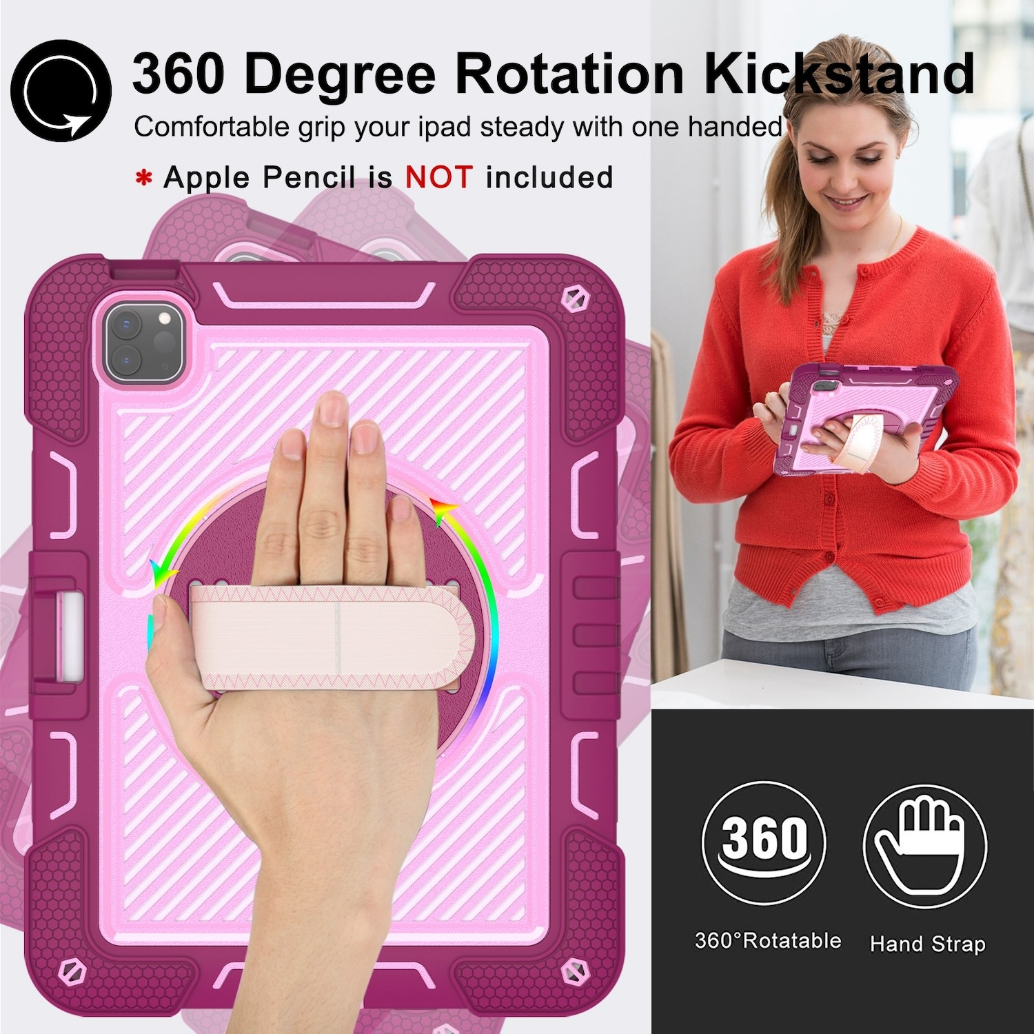 Eine rosa iPad-Hülle mit Ständer und eine Person, die sie hält.