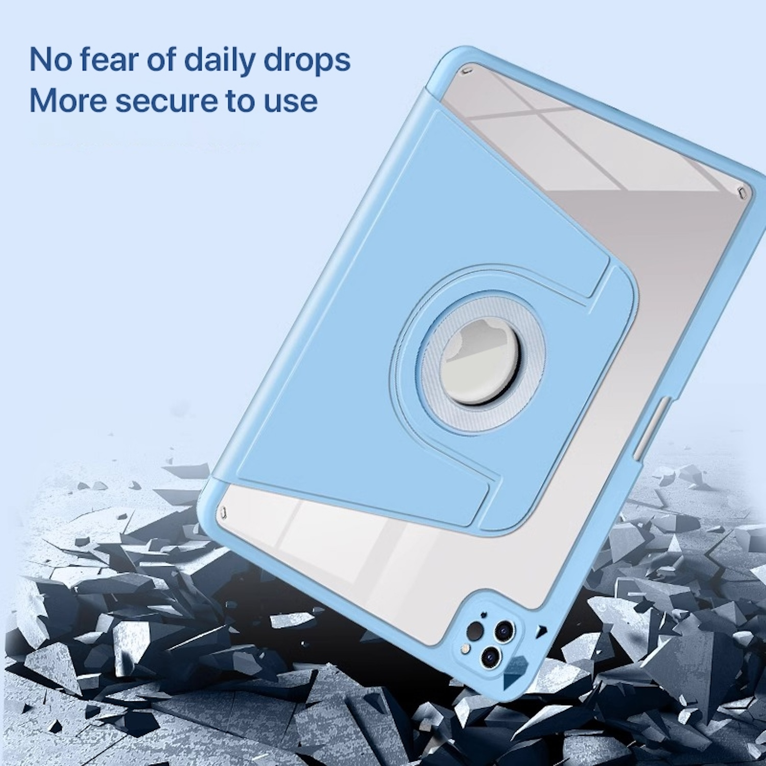 Funda azul para tableta con soporte de anillo y protector de pantalla transparente, sobre superficie fragmentada.