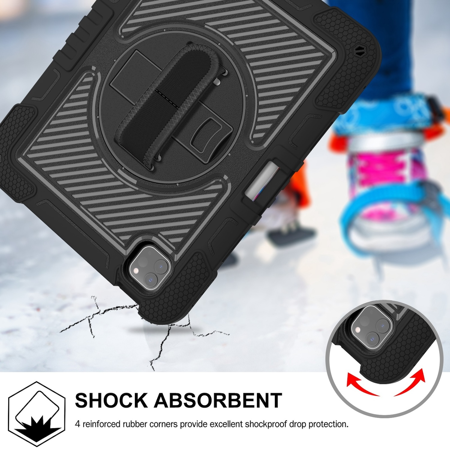 Eine schwarze Hülle mit Riemen, die ein Tablet schützt. Stoßabsorbierendes Design, mit einer Person im unscharfen Hintergrund.
