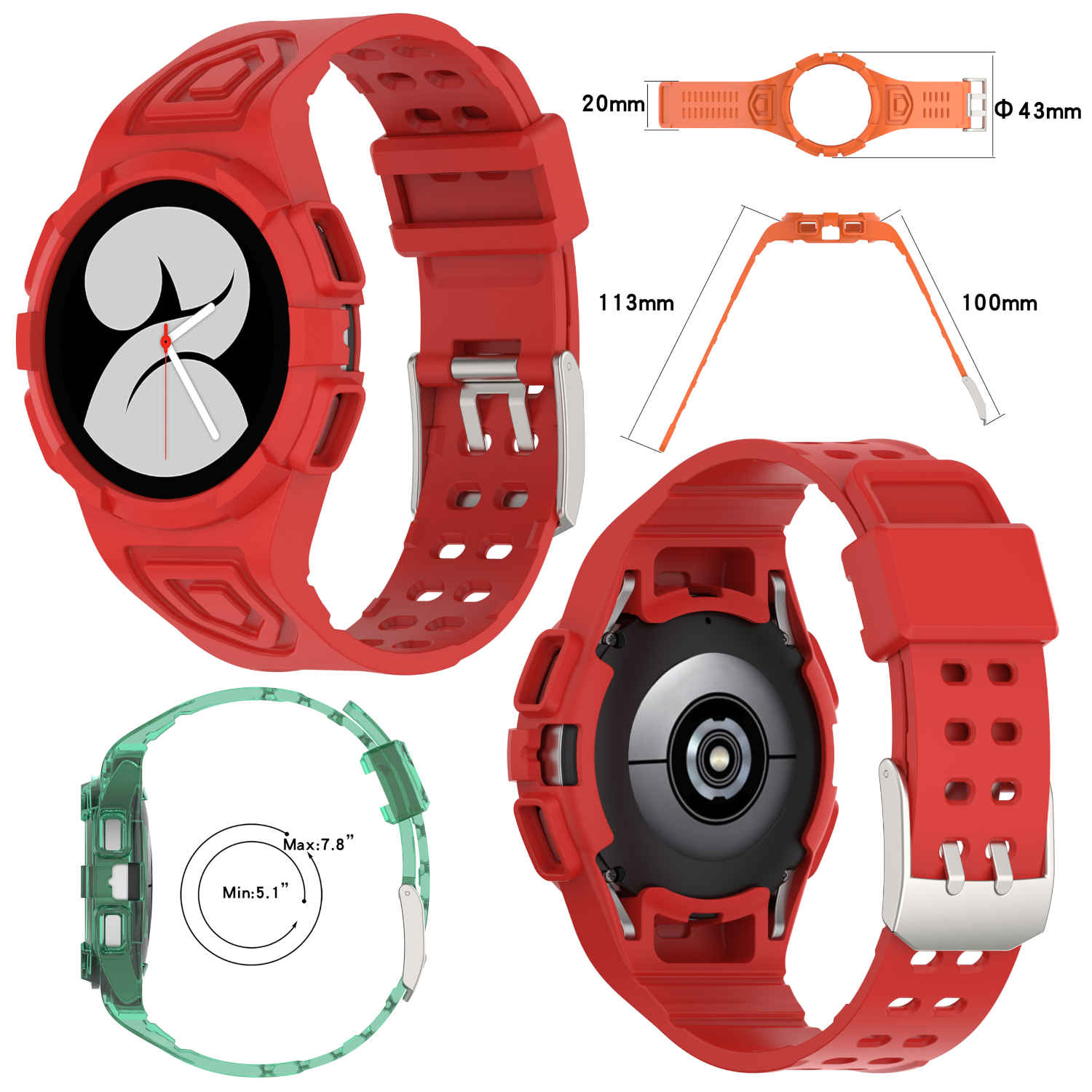 Rotes Smartwatch-Armband mit Abmessungen und Diagrammen des Armbands und des Zifferblatts, vor weißem Hintergrund.