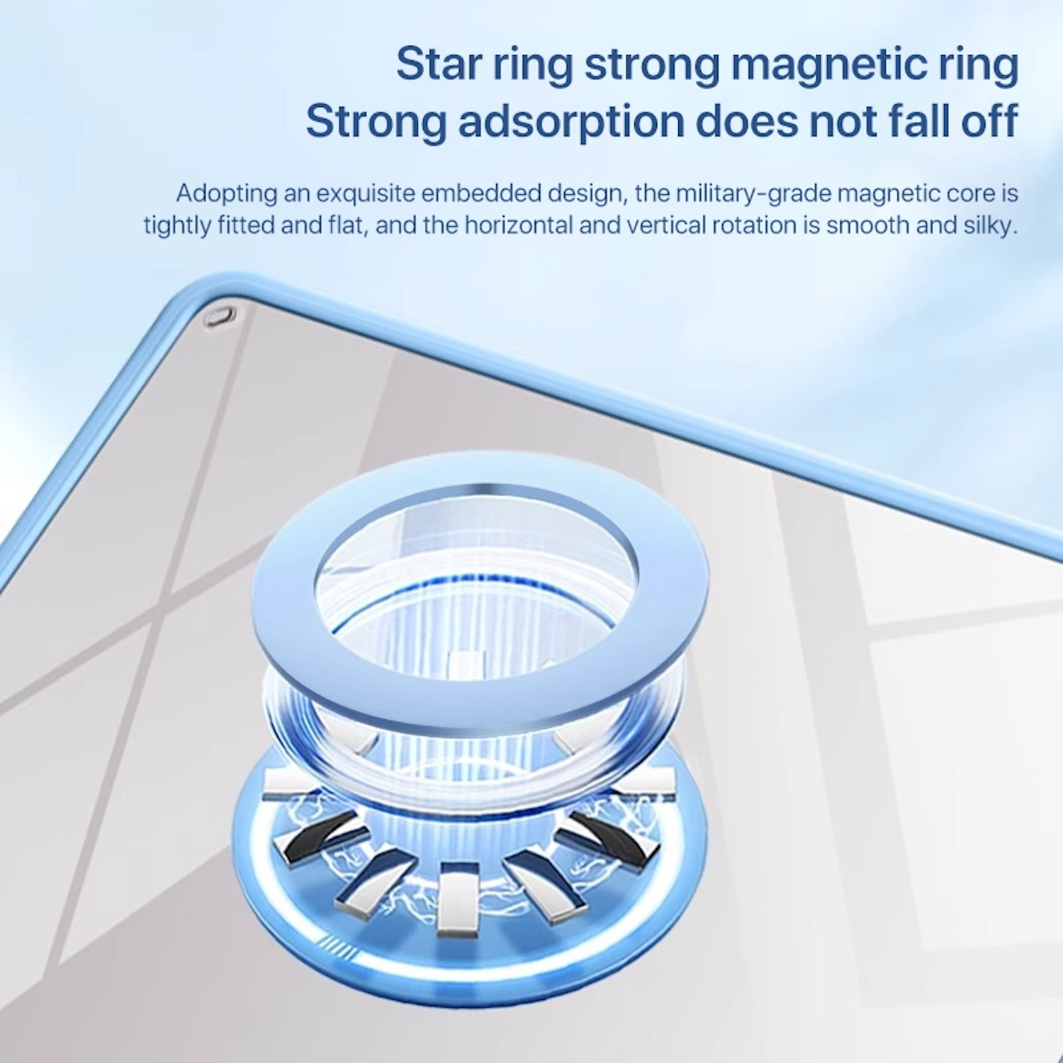 Primer plano de un accesorio telefónico con anillo magnético azul y elementos internos.