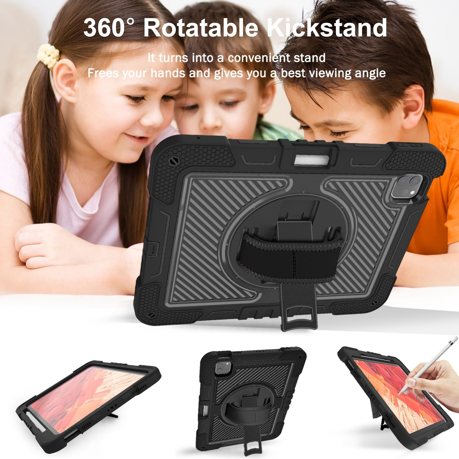 Ein Tablet in einer schwarzen Hülle mit Ständer, Kinder im Hintergrund.