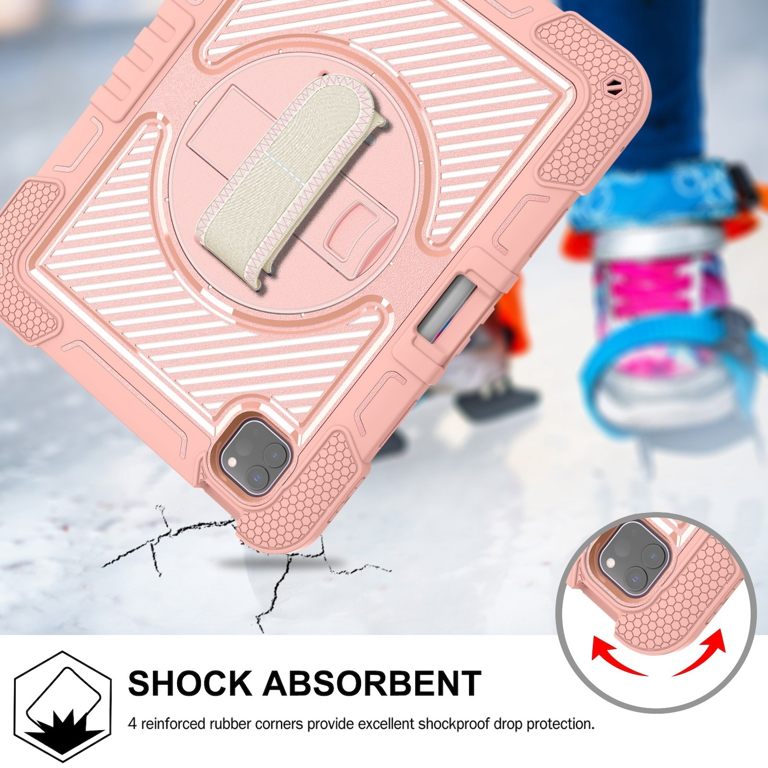 Rosa-weißes Tablethülle mit Handschlaufe und Stoßdämpfungsmerkmalen.
