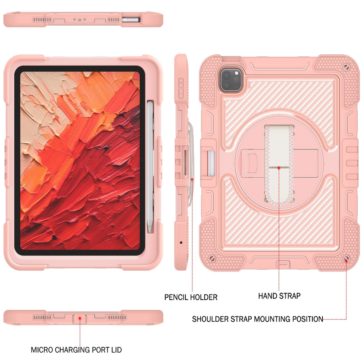 Eine pinkfarbene iPad-Hülle mit Stifthalter und Riemen, verschiedene Ansichten.