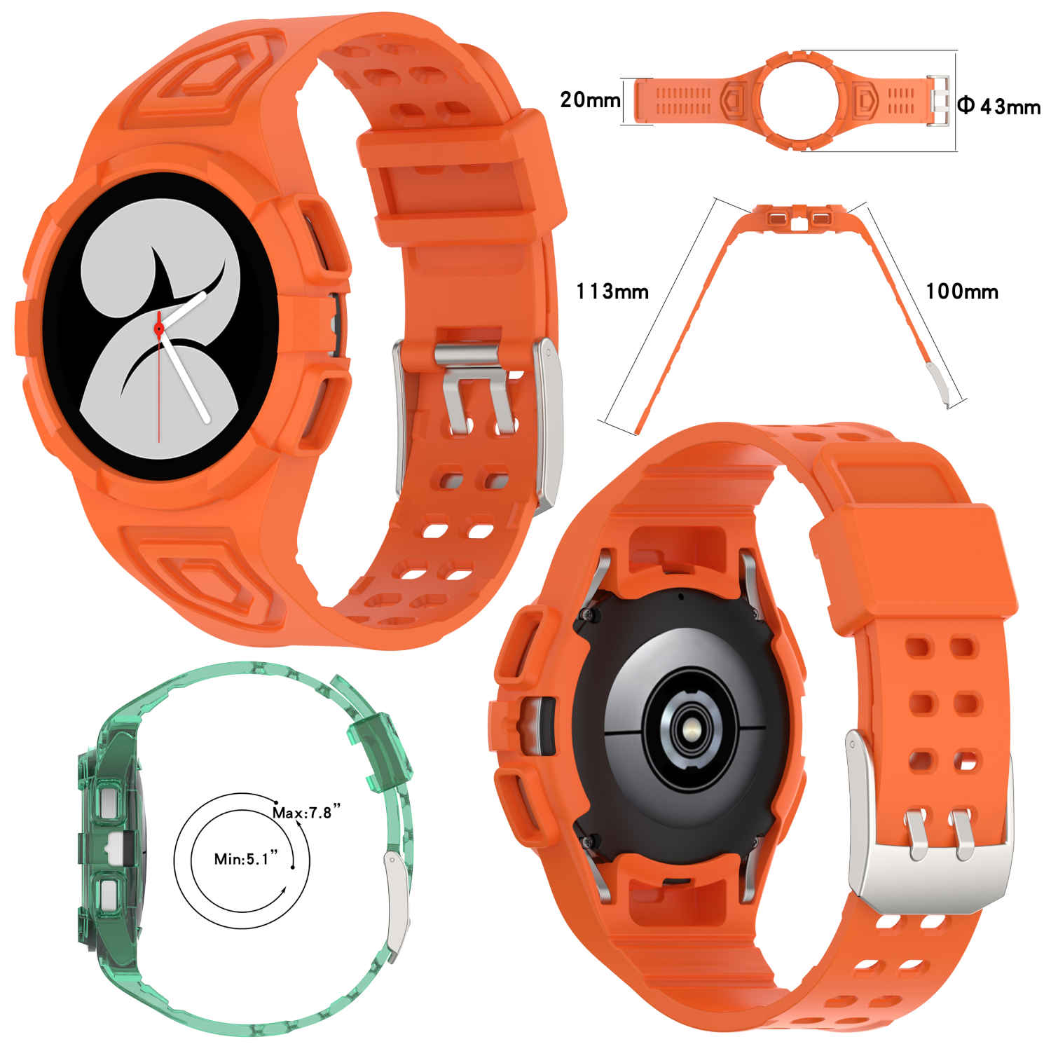 Orangenes Smartwatch-Armband mit Abmessungen und ein grüner Uhrenrahmen.
