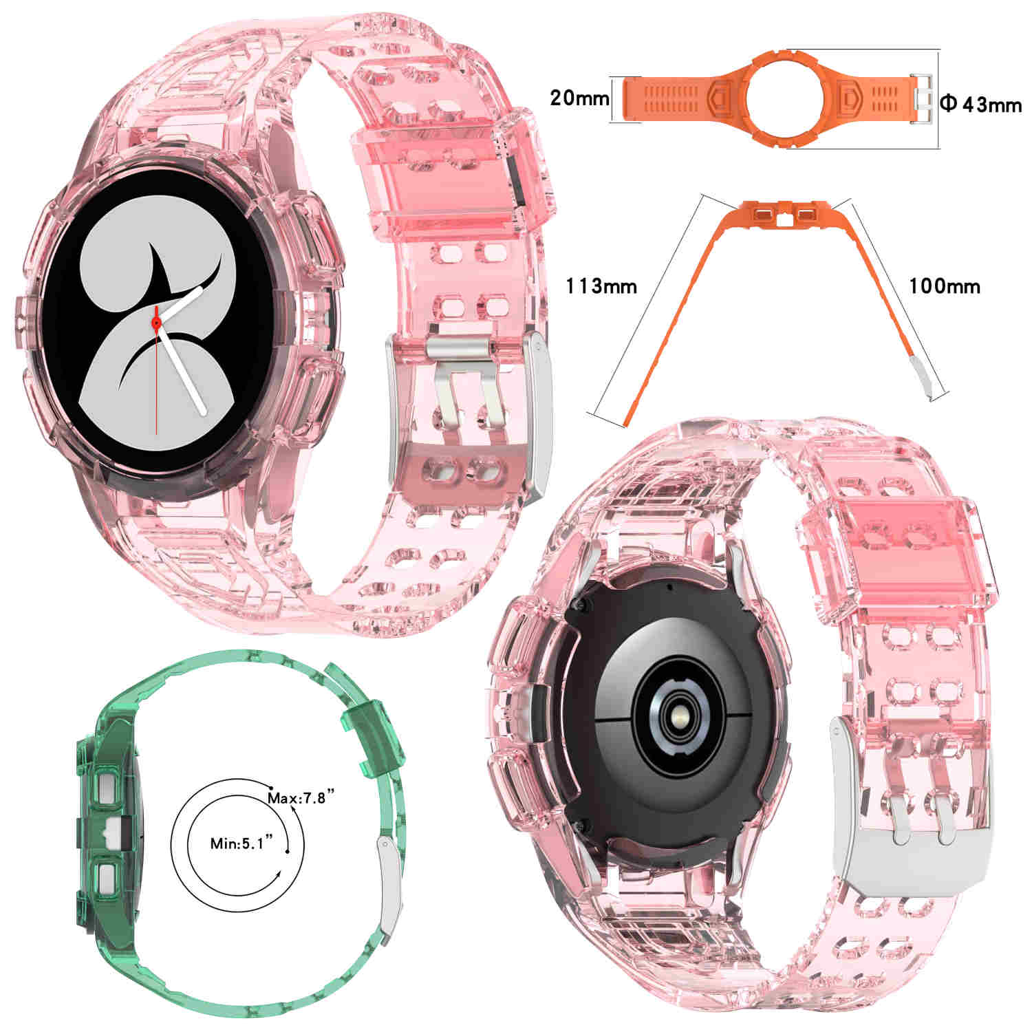 Rosa transparente Smartwatch mit Armbändern und Messungen.