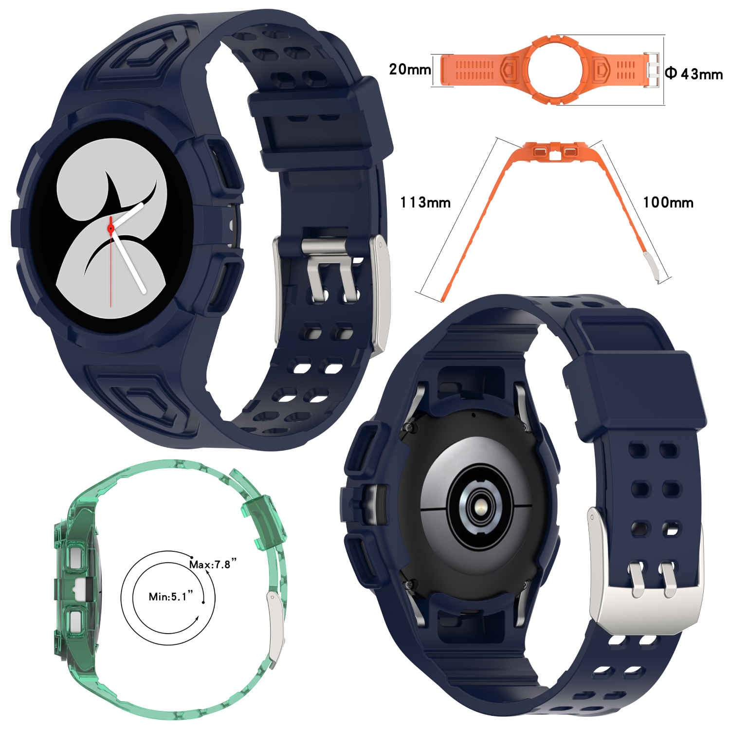 Smartwatch mit austauschbaren Armbändern und Größenangaben in verschiedenen Farben.