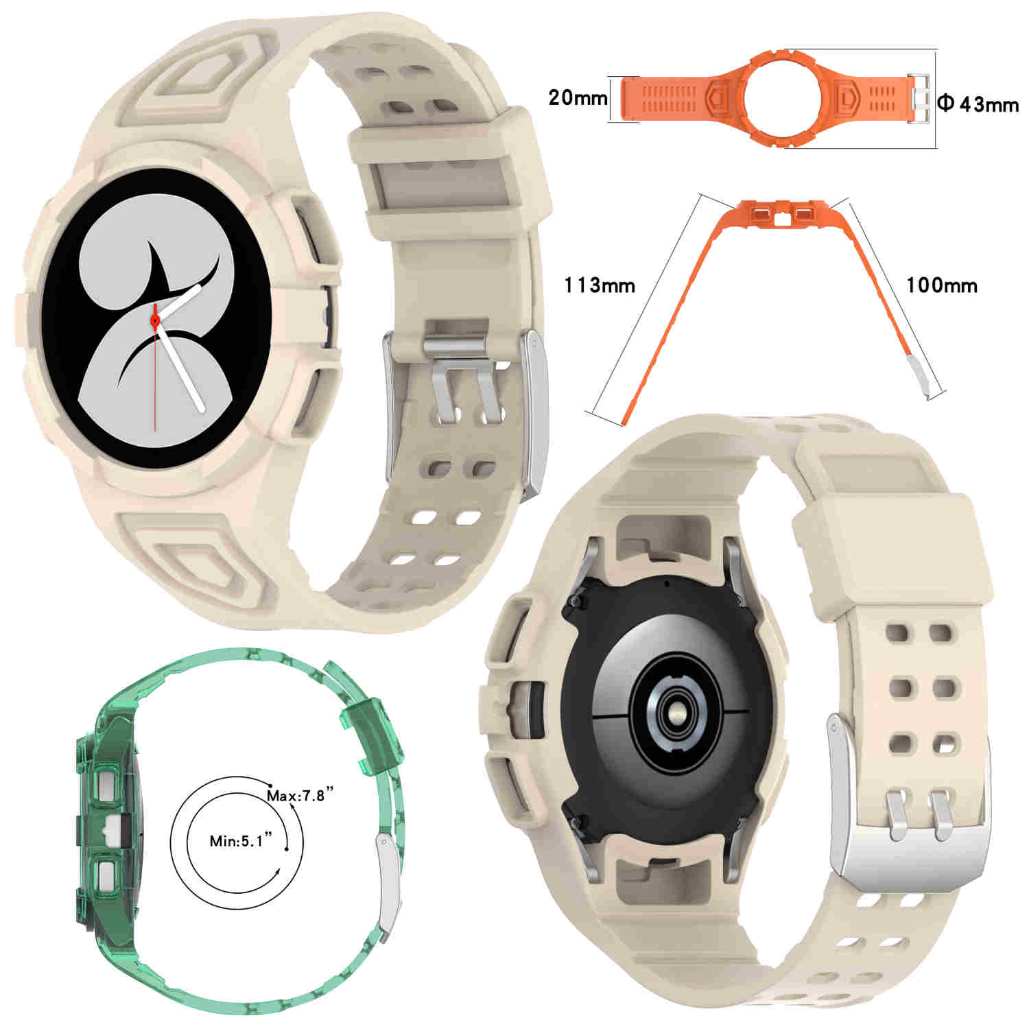 Cremefarbenes Uhrengehäuse und Armband mit orangefarbenen Riemen und Maßen.