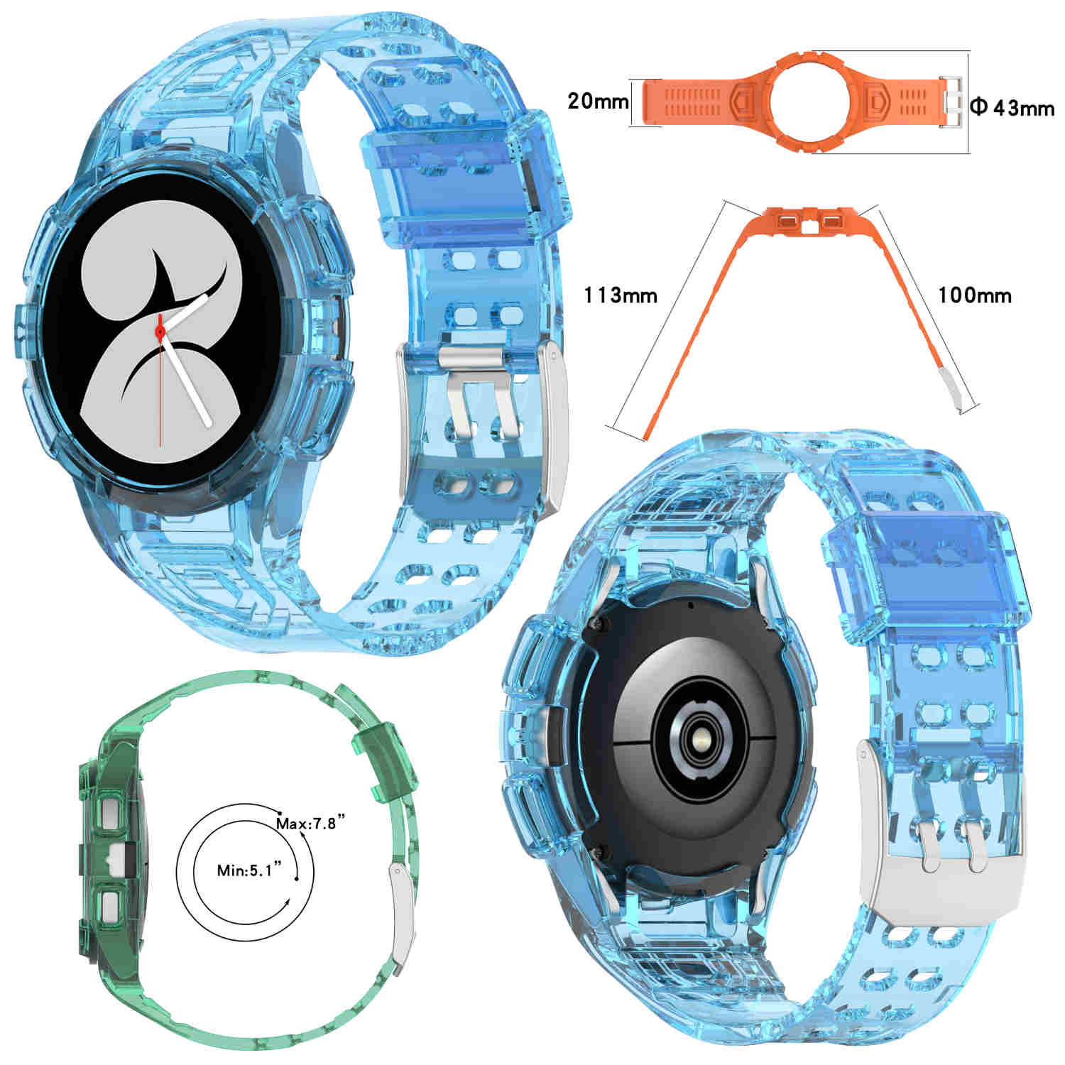Zwei transparente blaue und ein grünes Uhrenarmband mit silbernen Schnallen. Abmessungen und Zifferblatt.