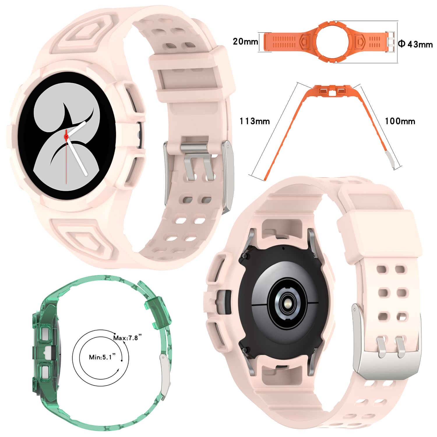 Rosa Smartwatch-Armband mit Abmessungen und Diagrammen des Armbands und des Zifferblatts, vor weißem Hintergrund.