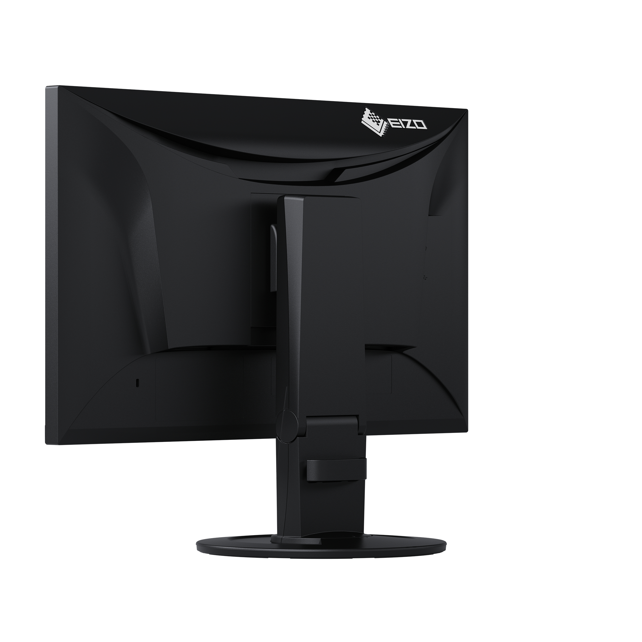 Parte trasera de un monitor Eizo negro. Se ven el soporte y el logotipo.