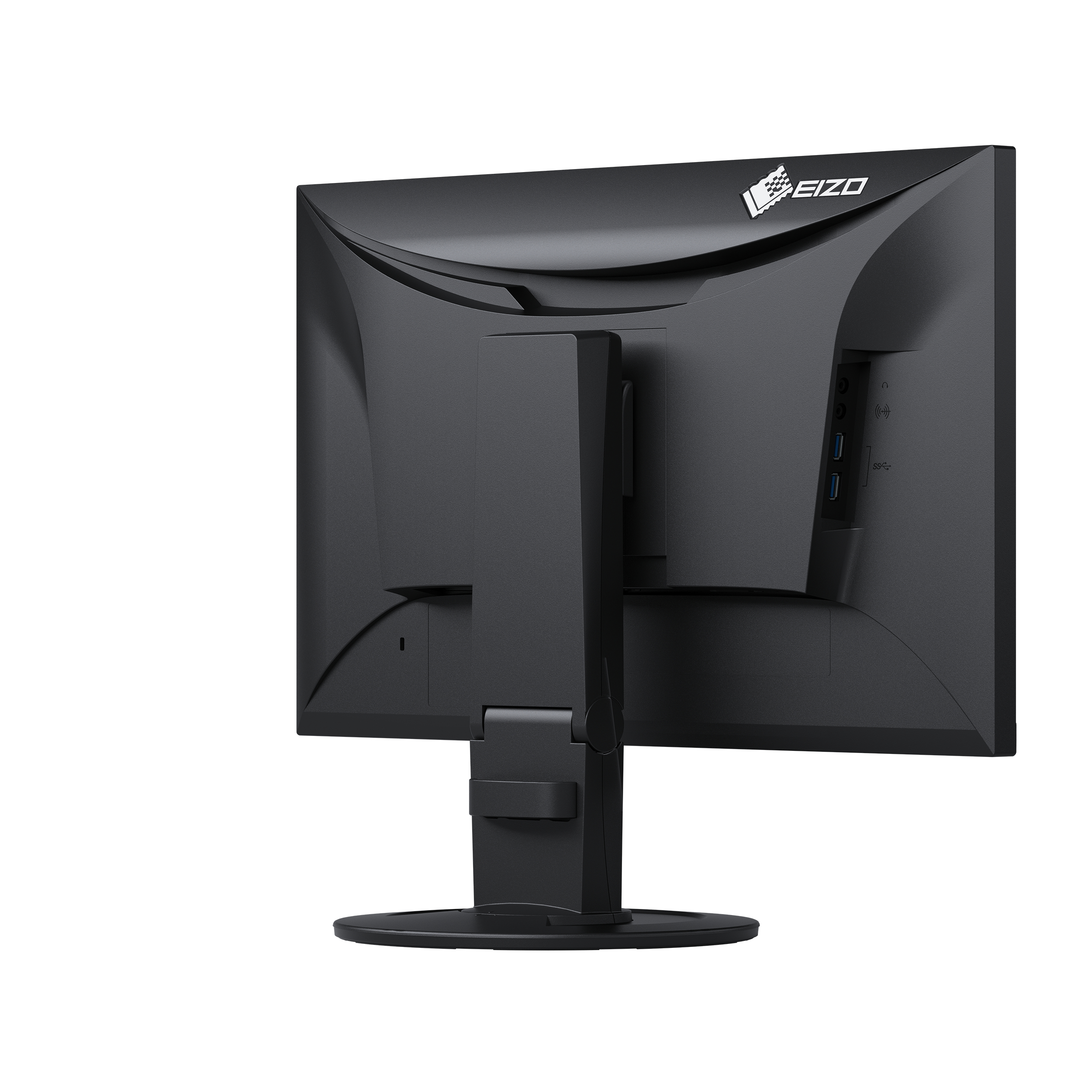 Vista trasera de un monitor EIZO negro con soporte y varios puertos. El logotipo de EIZO es visible.